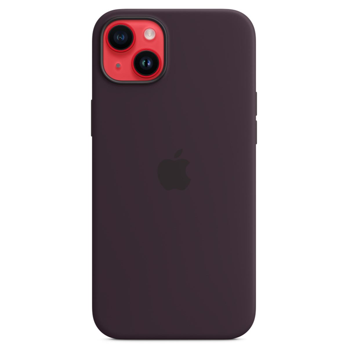 Een donkerpaarse iPhone in een hoesje. Rode cameralenzen zijn zichtbaar. Het Apple-logo staat in het midden.