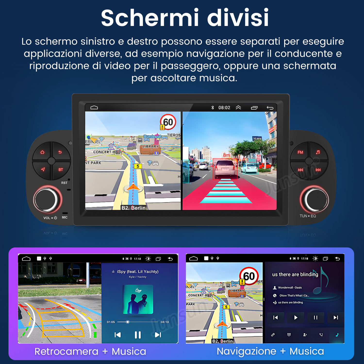 Sistema multimediale per auto con navigazione e funzioni musicali, che mostra mappe e un'interfaccia del lettore musicale.