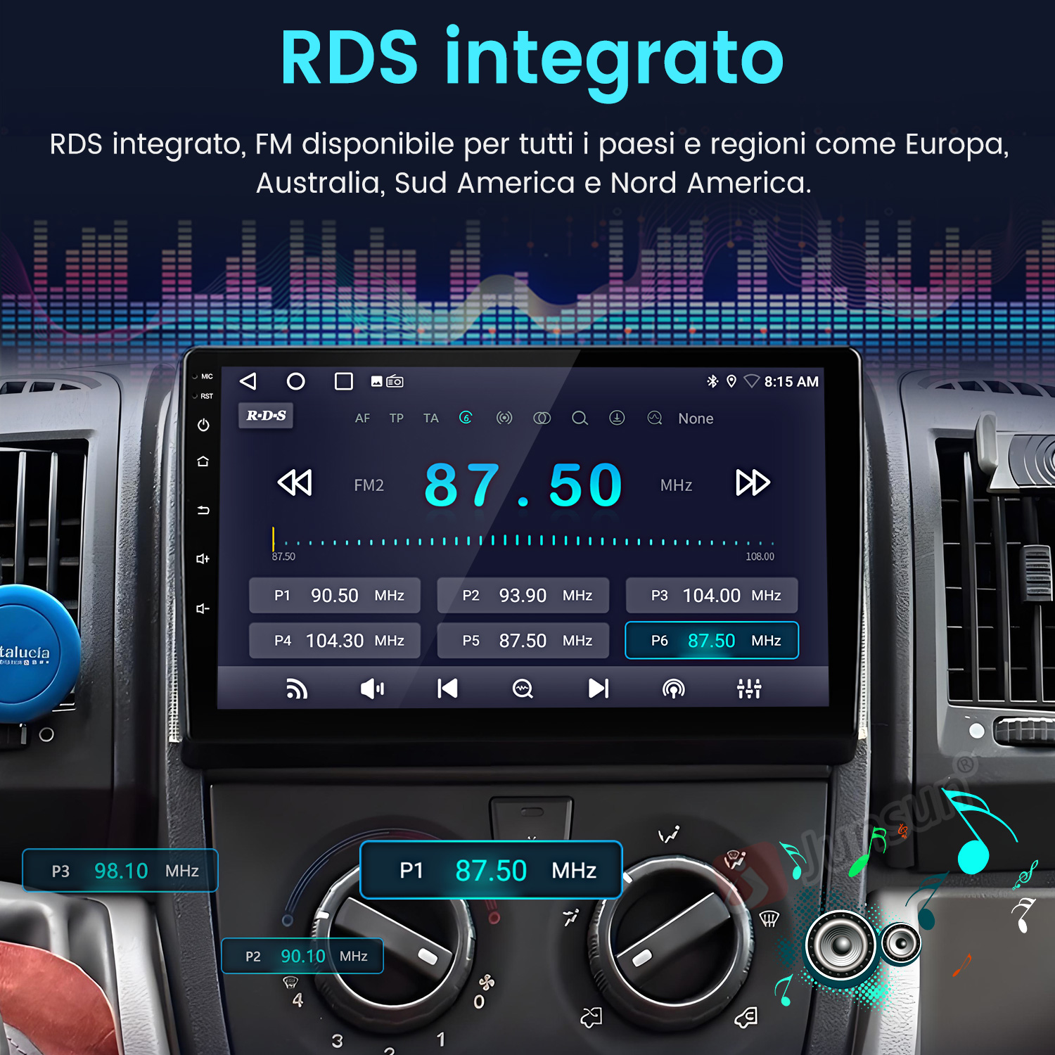 Autoradio con RDS. Il display mostra 87,50 MHz. Ci sono pulsanti e manopole per il controllo. L'interno dell'auto è visibile.
