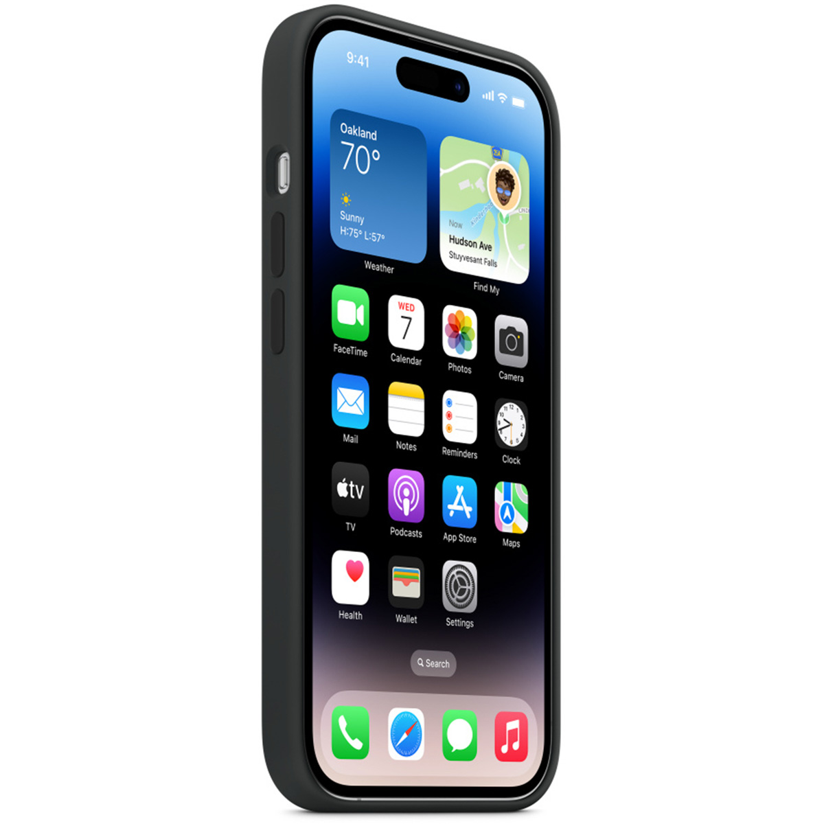 Ein iPhone mit schwarzem Gehäuse zeigt den Startbildschirm mit App-Symbolen. Das Wetter zeigt Oakland bei 70 Grad. Die Uhrzeit ist 9:41.