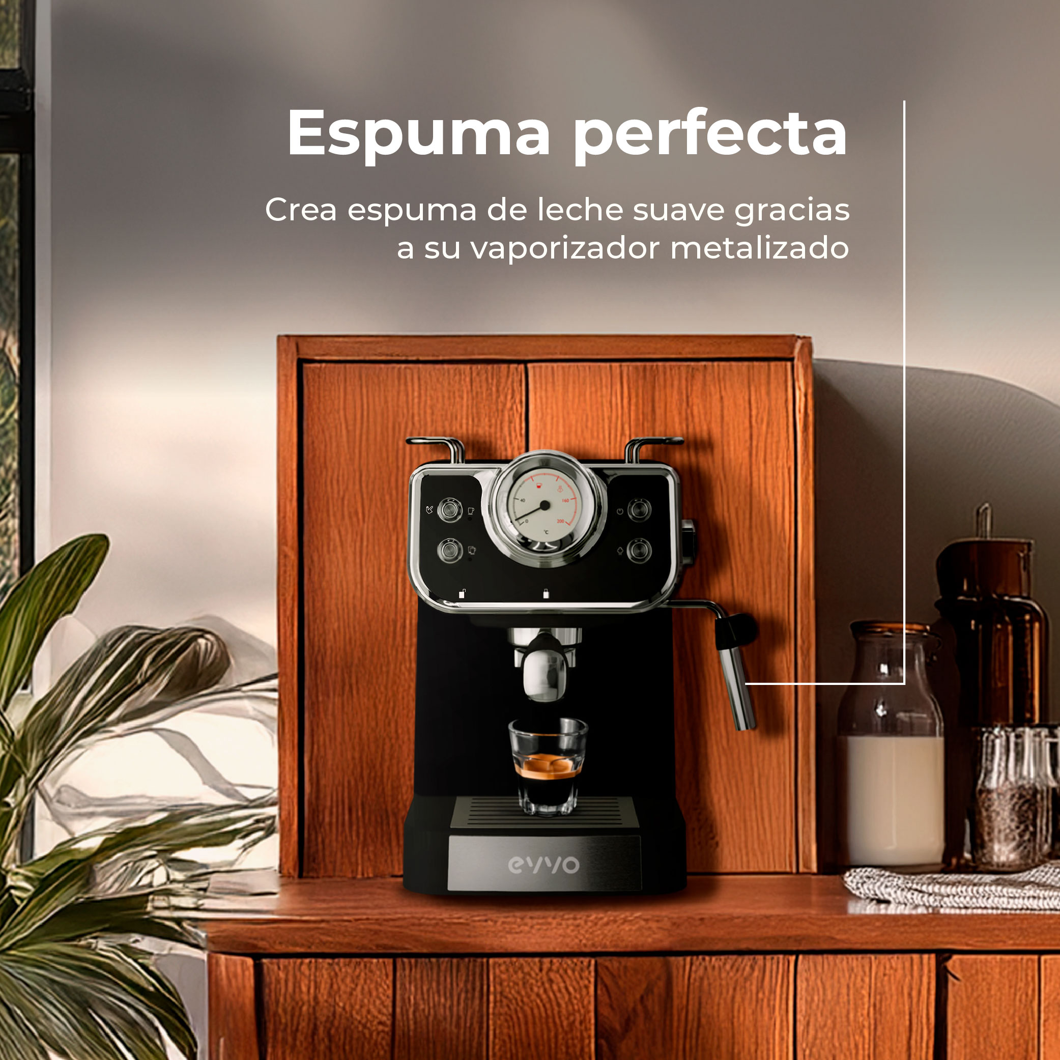 Máquina de espresso en superficie de madera. Vaso de café bajo la máquina. Leche y granos de café al fondo.