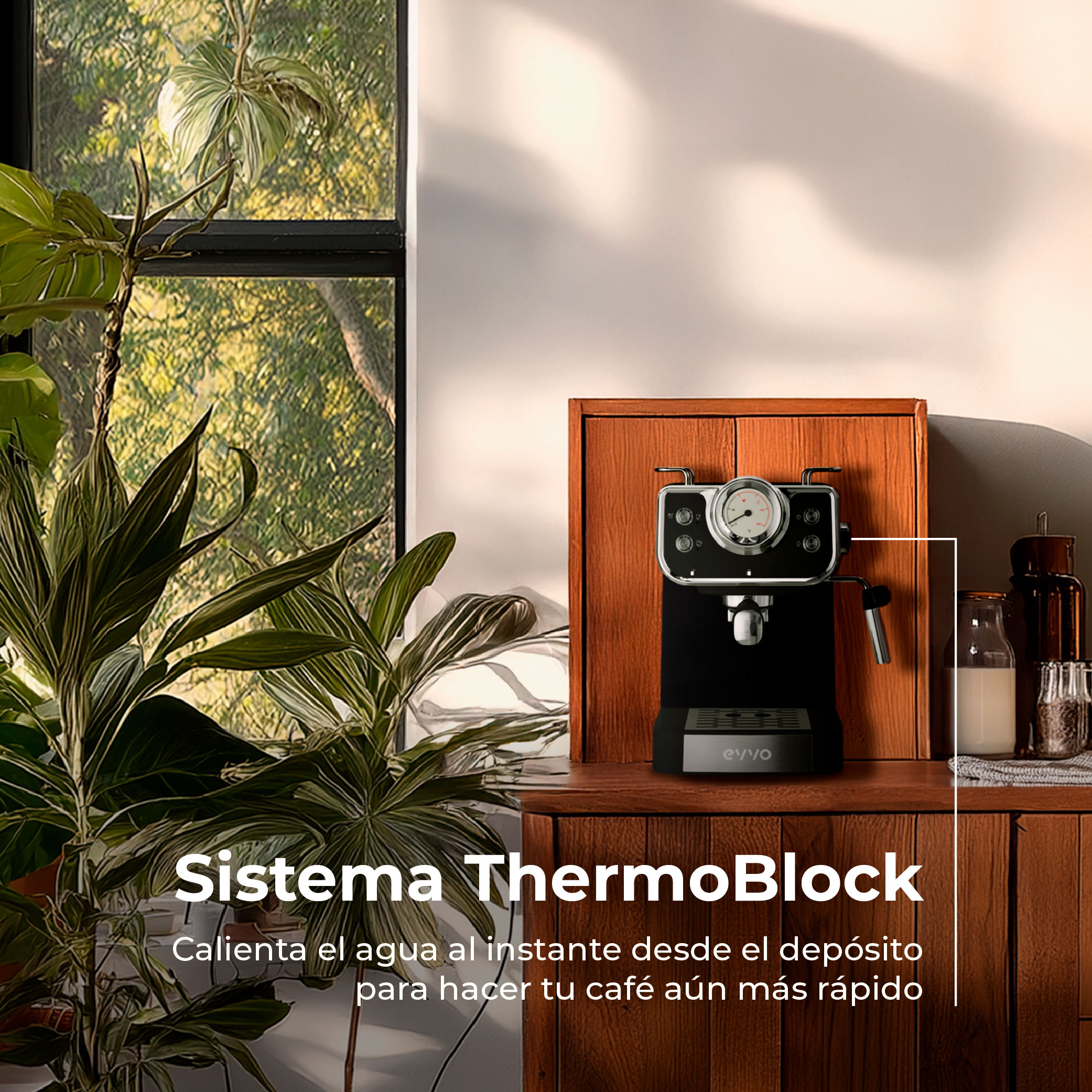 Máquina de espresso sobre un gabinete de madera, con plantas a la izquierda y una ventana al fondo.