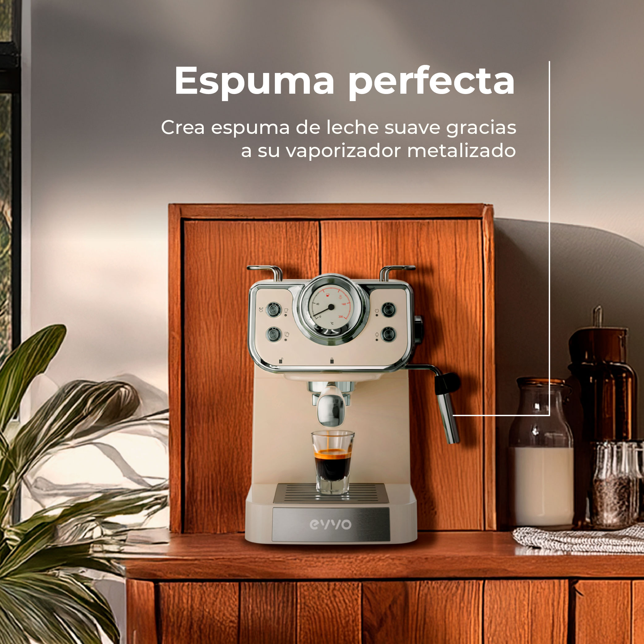 Una máquina de espresso color crema con un café, sobre un gabinete de madera, con leche y granos de café.