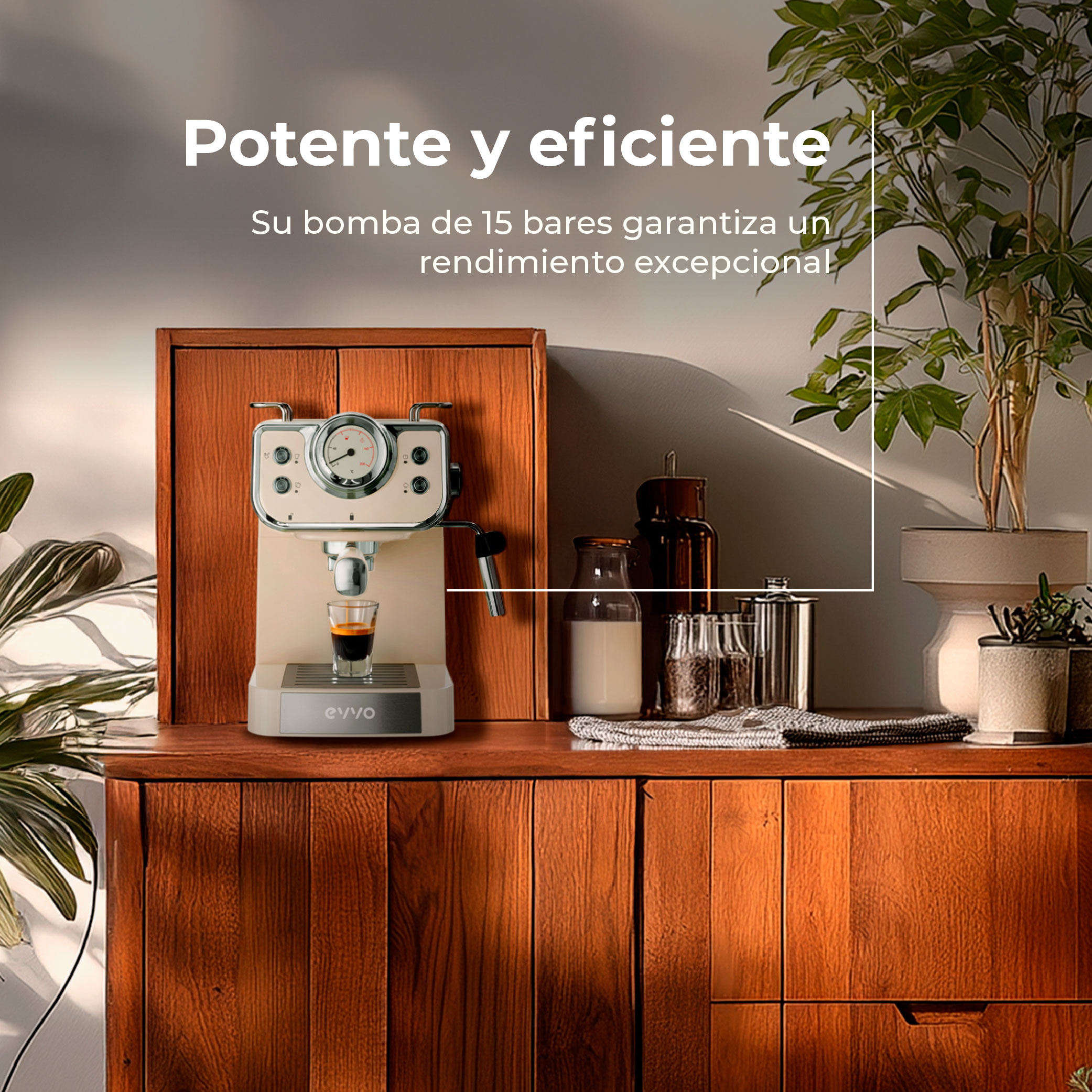 Máquina de espresso en un mueble de madera, con un café en vaso. Plantas al fondo.