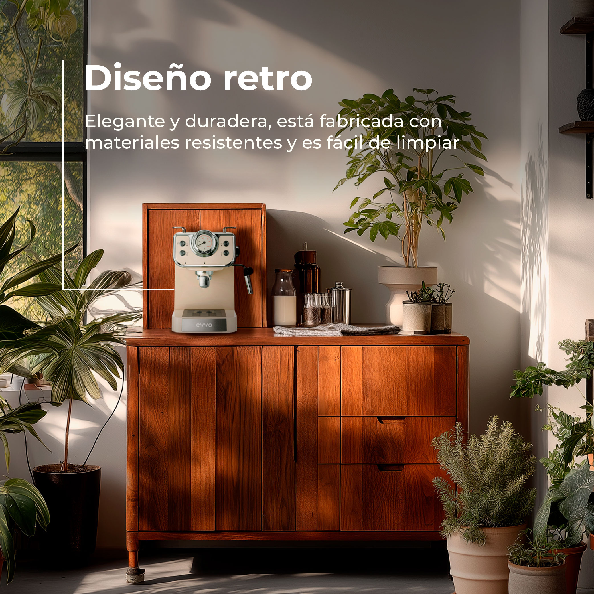 Diseño retro. Cafetera en mueble de madera, rodeada de plantas. Texto: Elegante y duradera.