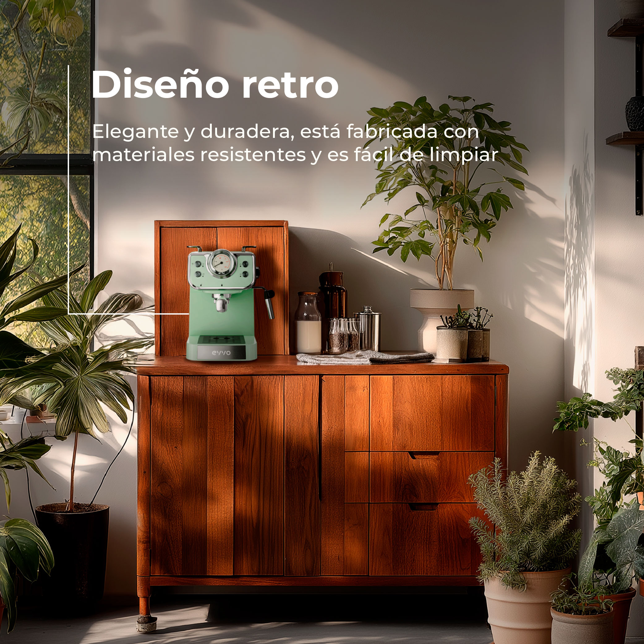 Una máquina de espresso verde menta está sobre un gabinete de madera, rodeada de plantas. Texto dice 'Diseño retro'.