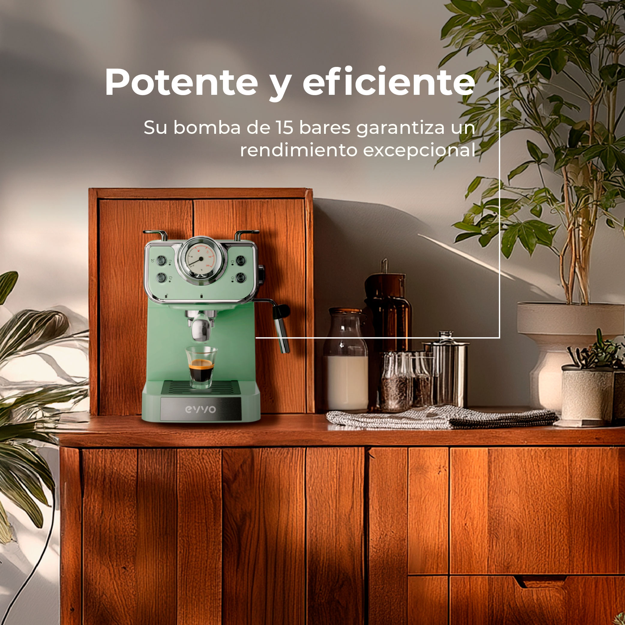 Una máquina de espresso verde menta sobre un mueble de madera, con un tiro vertido. Plantas y botellas en el fondo.