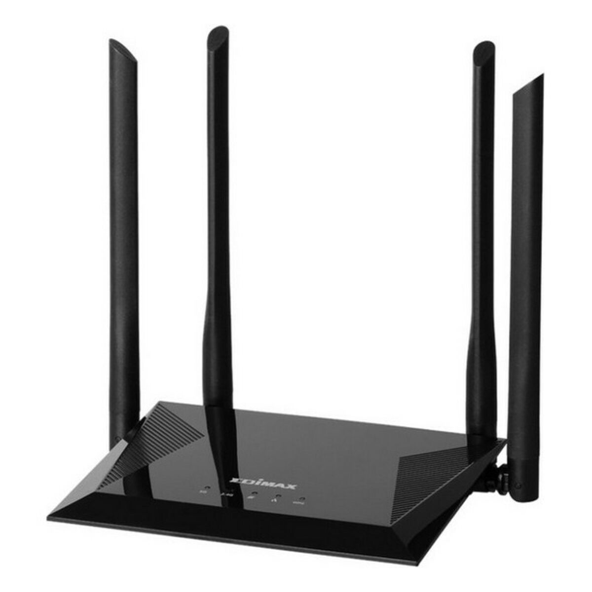 Un router nero con quattro antenne. Il router è rettangolare con i lati angolati. Le antenne sono nere e cilindriche.