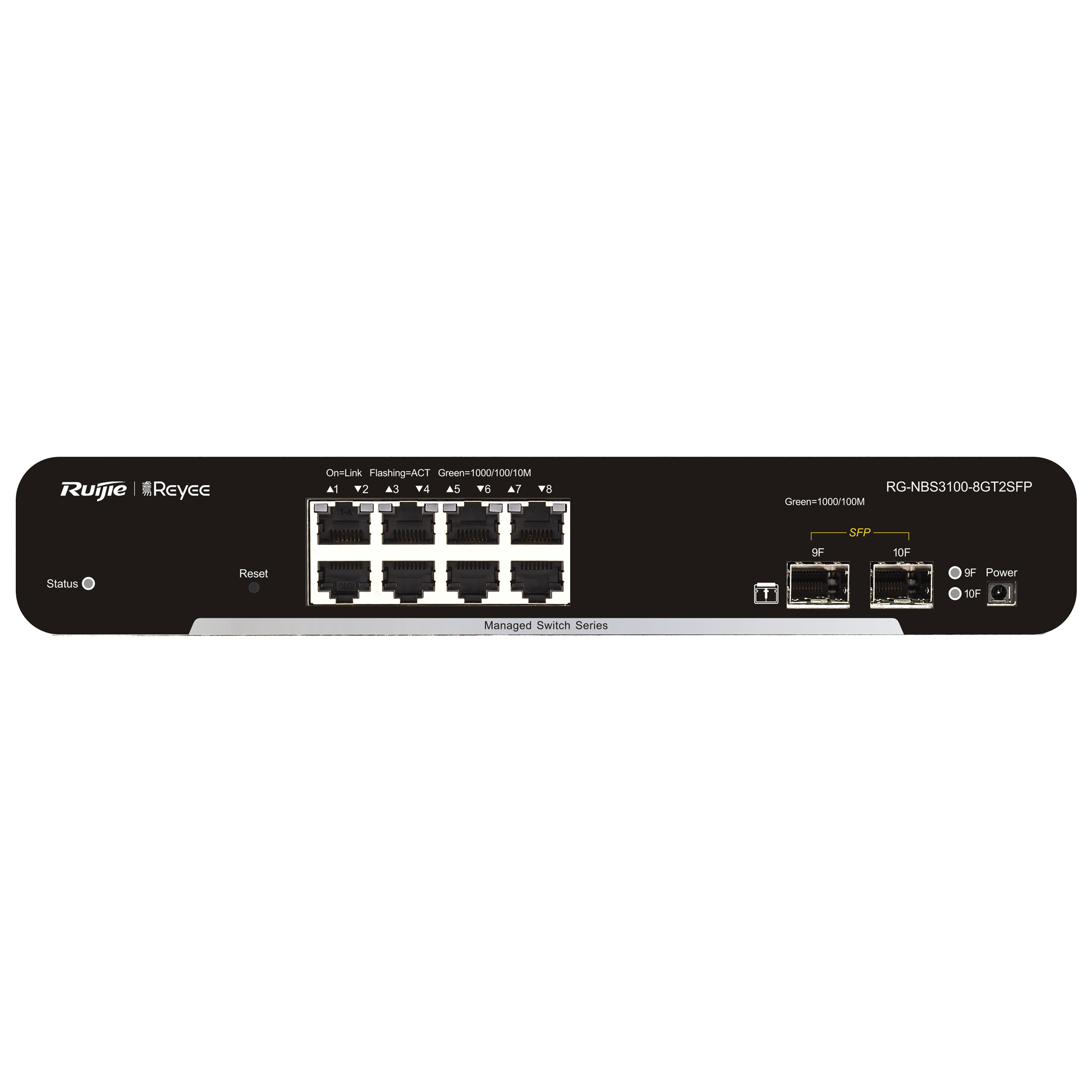 Uno switch di rete nero con porte e indicatori. Il marchio è Ruijie Reyee. Ha porte SFP.