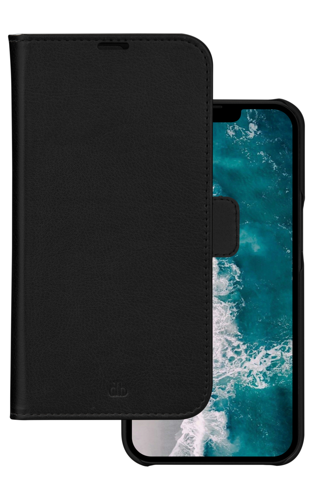 Una custodia per telefono in pelle nera con una cover aperta, che rivela un telefono con uno sfondo oceanico blu.