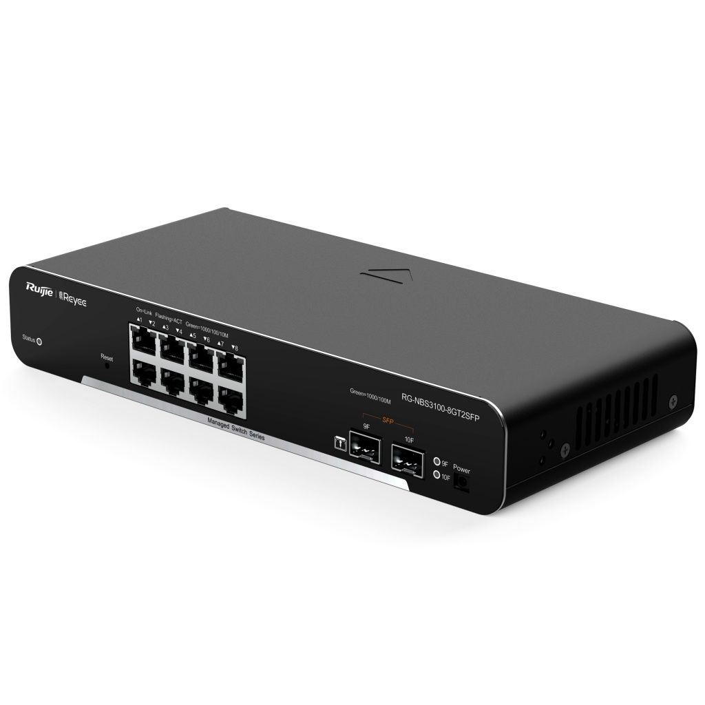 Uno switch di rete nero, modello RG-NBS3100-8GT2SFP, con più porte e indicatori di stato, è mostrato su una superficie bianca.