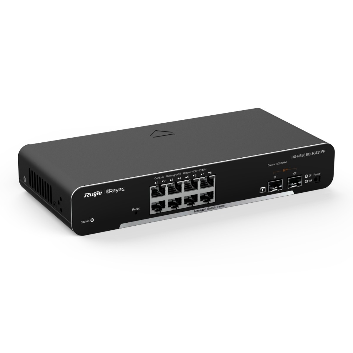 Switch di rete nero con più porte e indicatori di stato. Visibile il marchio 'Ruijie Reyee'. Modello RG-NBS3100-8GT2SFP.