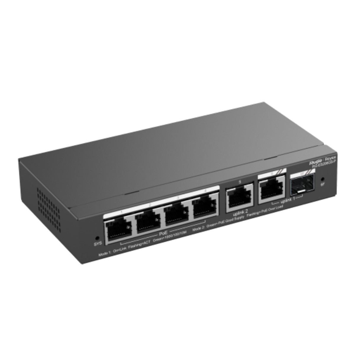 Uno switch di rete grigio con più porte etichettate. Il testo include 'uplink', 'PoE' e 'SYS'. Il marchio è 'Rugie Reyue'.