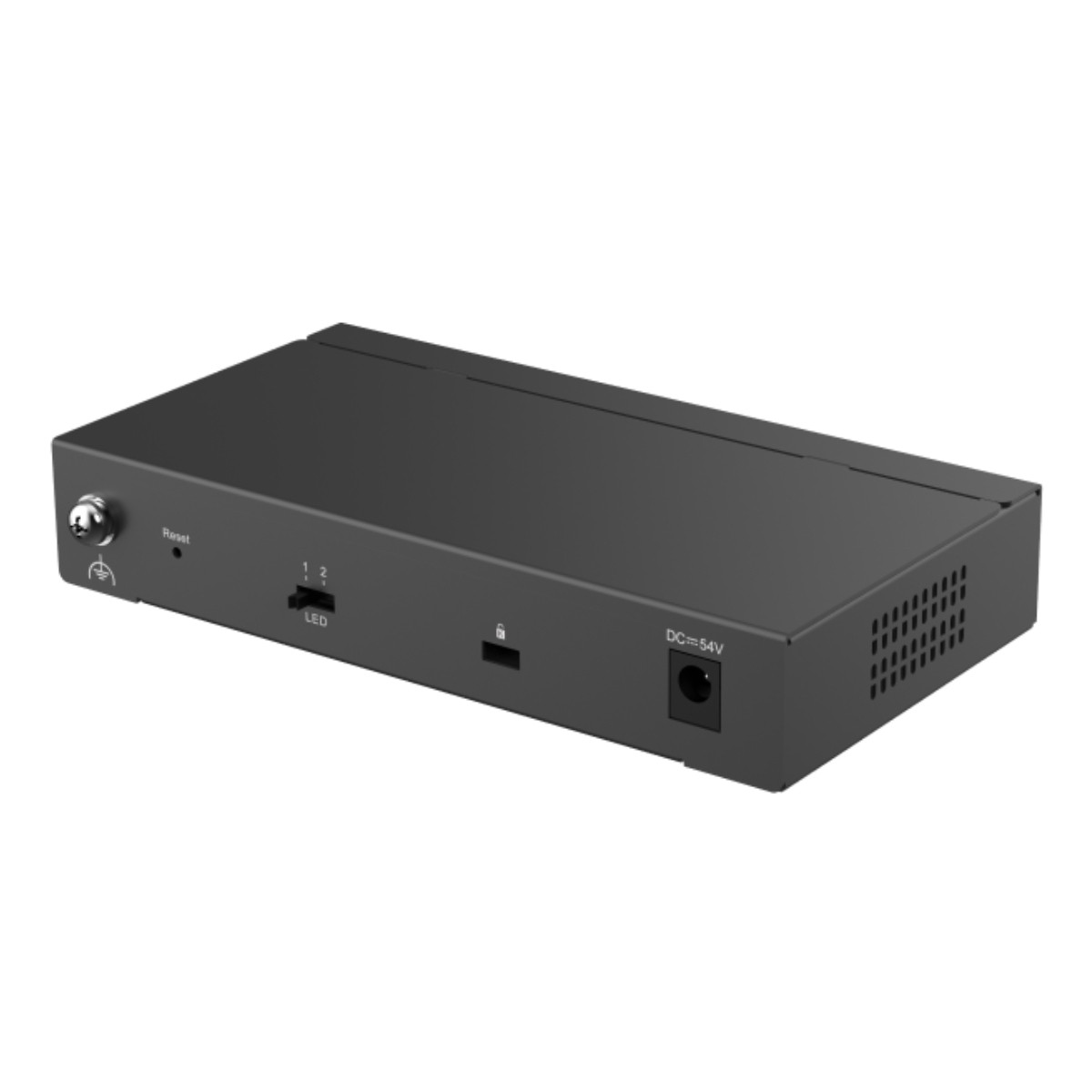 Un dispositivo elettronico nero con varie porte e pulsanti. Ha un pulsante di reset, un indicatore LED e un ingresso di alimentazione.