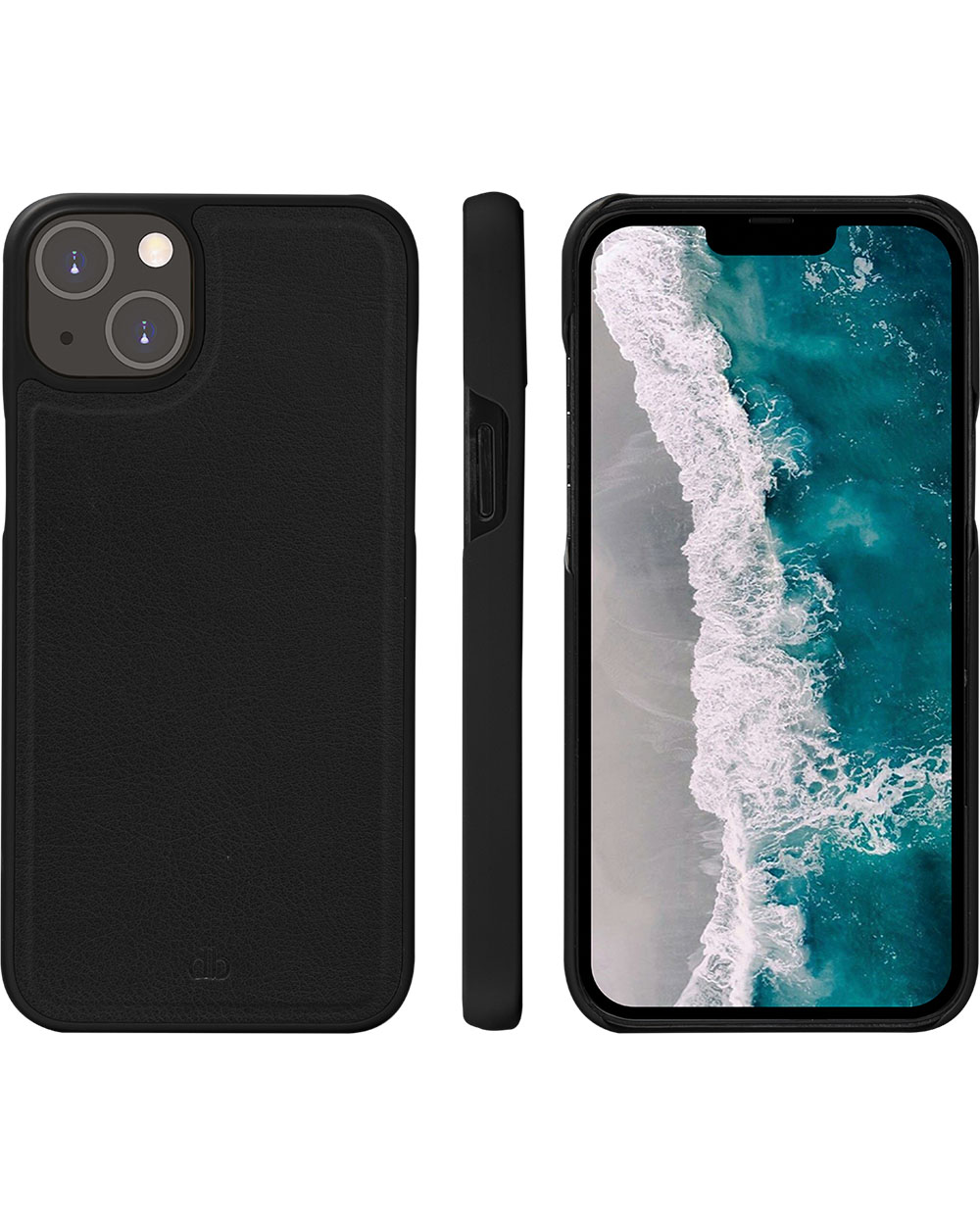 Tre viste di una custodia nera per telefono. Una mostra il retro con la fotocamera, una il lato e una lo schermo con un'immagine della spiaggia.
