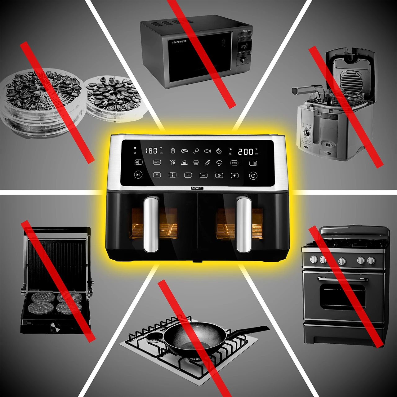 Frytkownica powietrzna jest na środku. Inne urządzenia kuchenne, takie jak kuchenka mikrofalowa, piekarnik, grill, patelnia, suszarka i frytownica są skreślone.