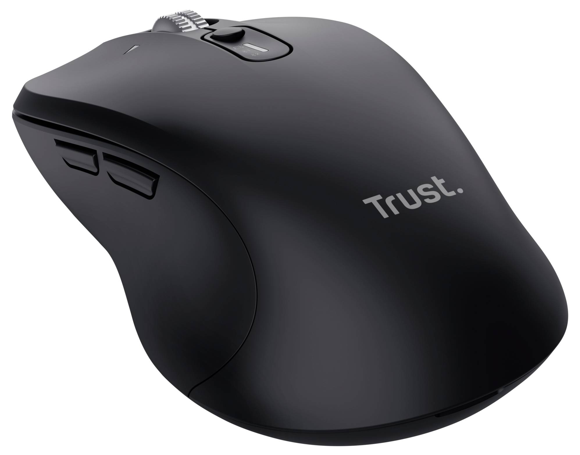 Een zwarte computermuis met een scrollwiel en zijknoppen, de merknaam 'Trust' is zichtbaar.