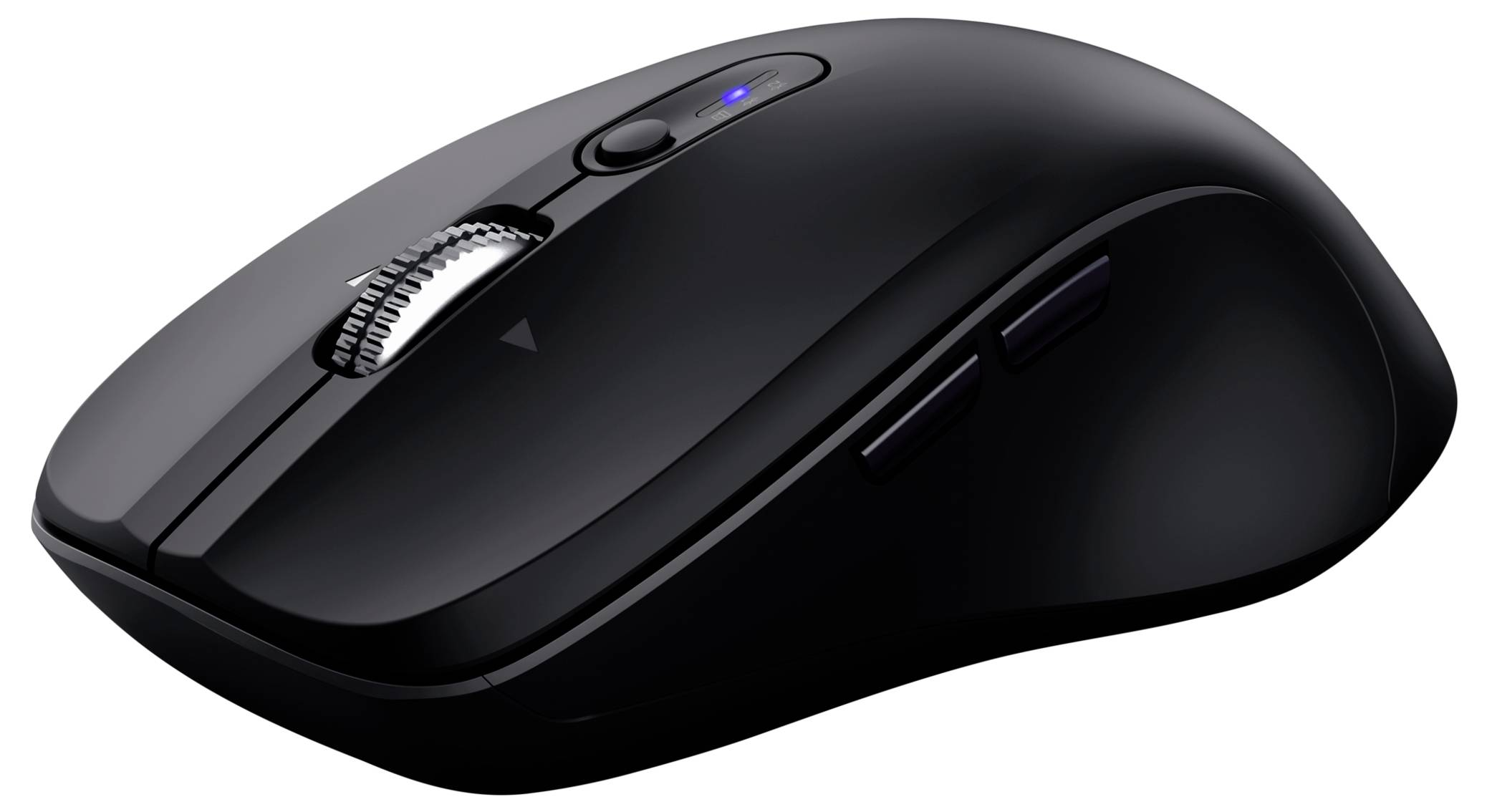 Een zwarte draadloze computermuis met een scrollwiel, zijknoppen en een aan/uit-knop. Op een witte achtergrond.
