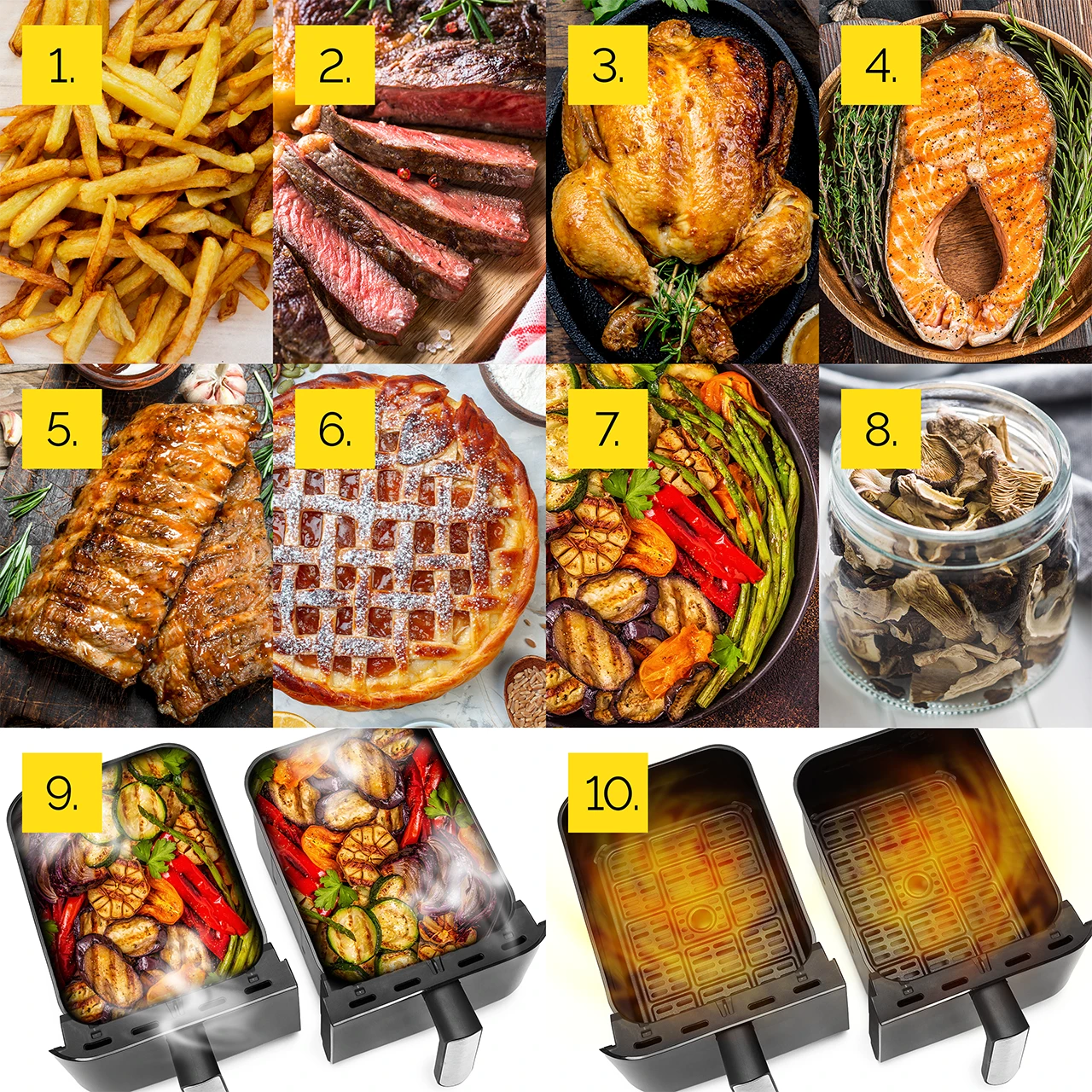 Kolaż przedstawiający różne dania: frytki, stek, pieczonego kurczaka, łososia, żeberka, ciasto, grillowane warzywa, suszone grzyby i frytkownicę powietrzną.