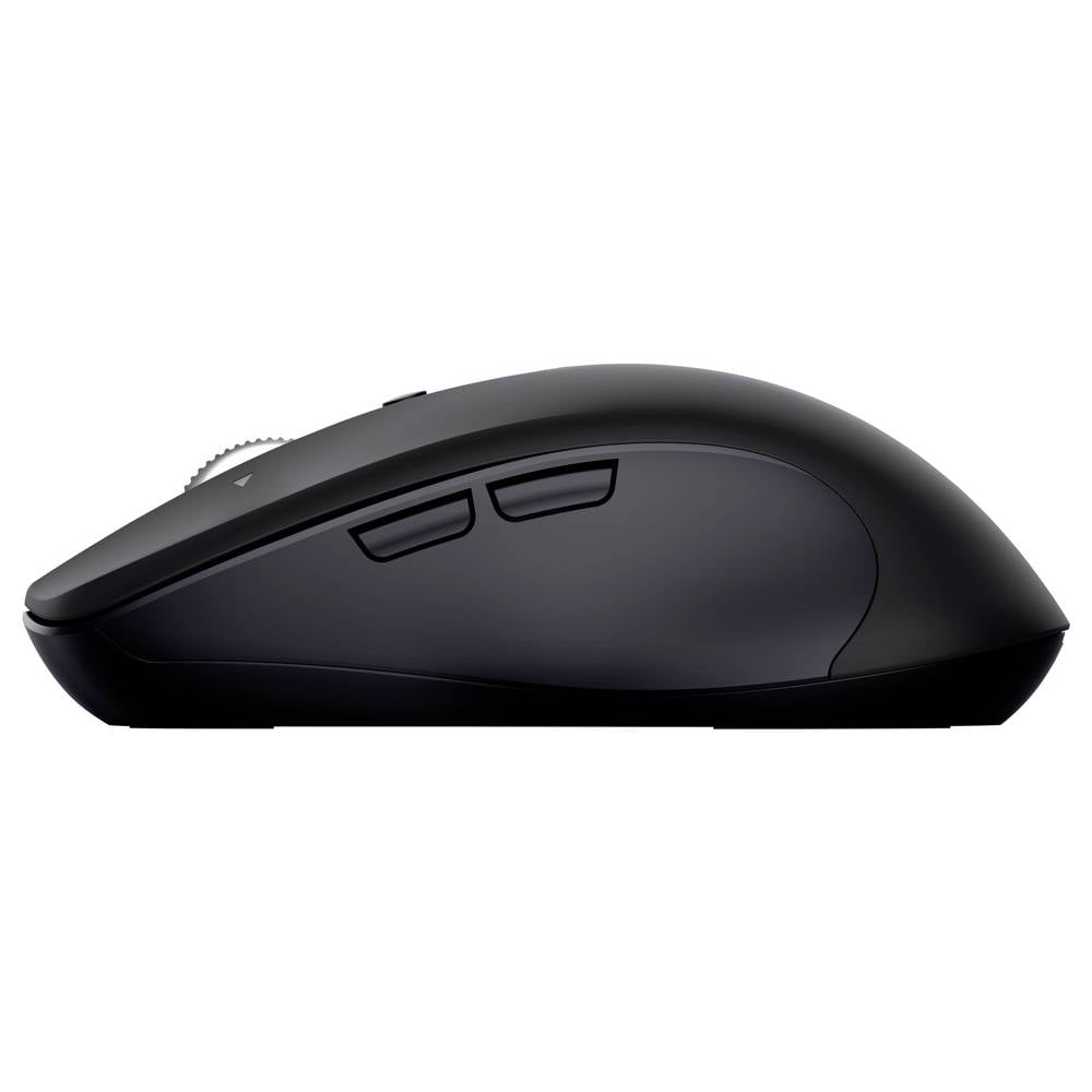 Zijaanzicht van een zwarte draadloze computermuis met een scrollwiel, twee knoppen en een gebogen ergonomisch ontwerp.