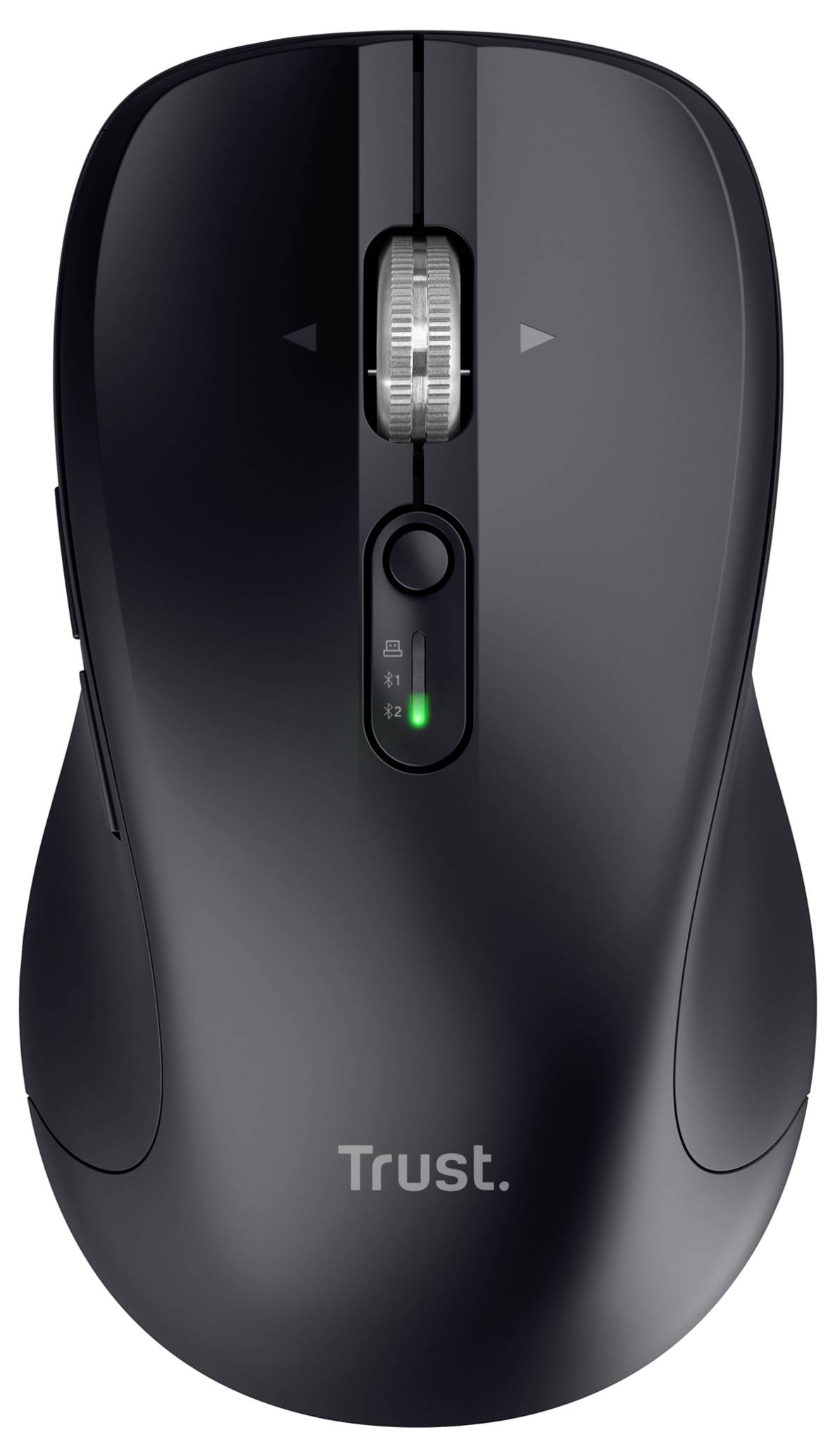 Zwarte computermuis met scrollwiel, knoppen en 'Trust'-logo. Een groen lampje geeft stroom aan. Het ontwerp is ergonomisch.