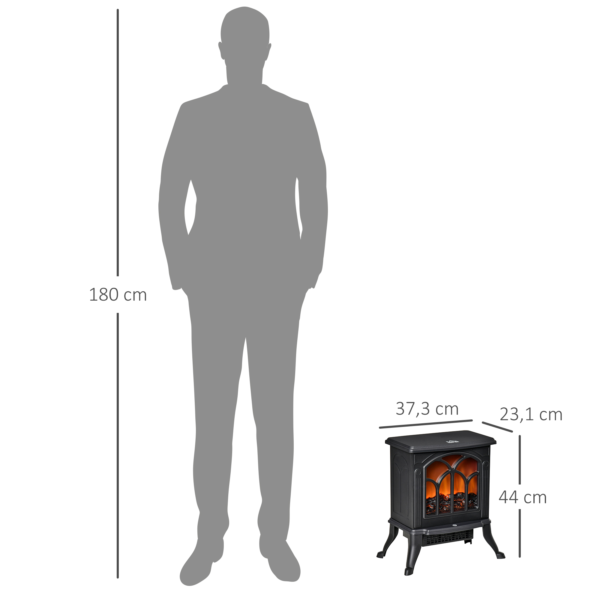 Una persona silueteada junto a una chimenea eléctrica. Se proporcionan dimensiones para la persona y la chimenea.