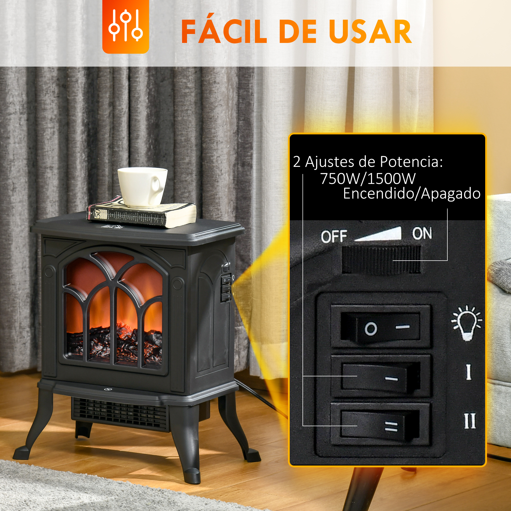Una chimenea eléctrica negra con controles, un libro y una taza en una mesa auxiliar. La chimenea tiene un efecto de llama.