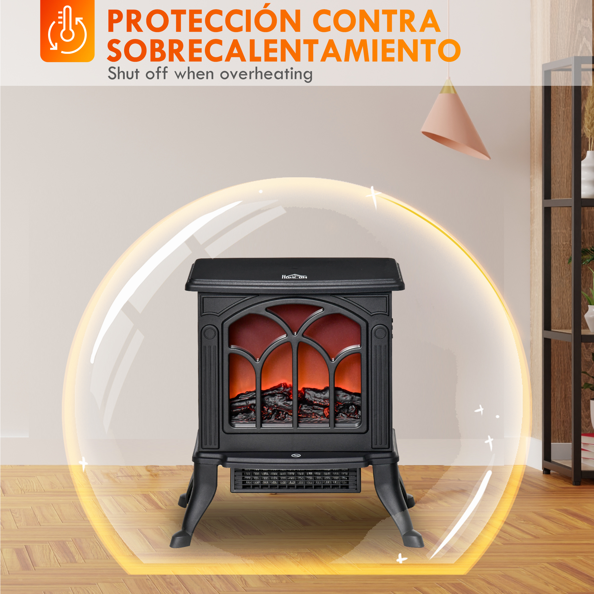 Chimenea eléctrica negra en una habitación. Tiene un efecto de fuego rojo. Texto: Protección contra sobrecalentamiento. Apagado al sobrecalentarse.