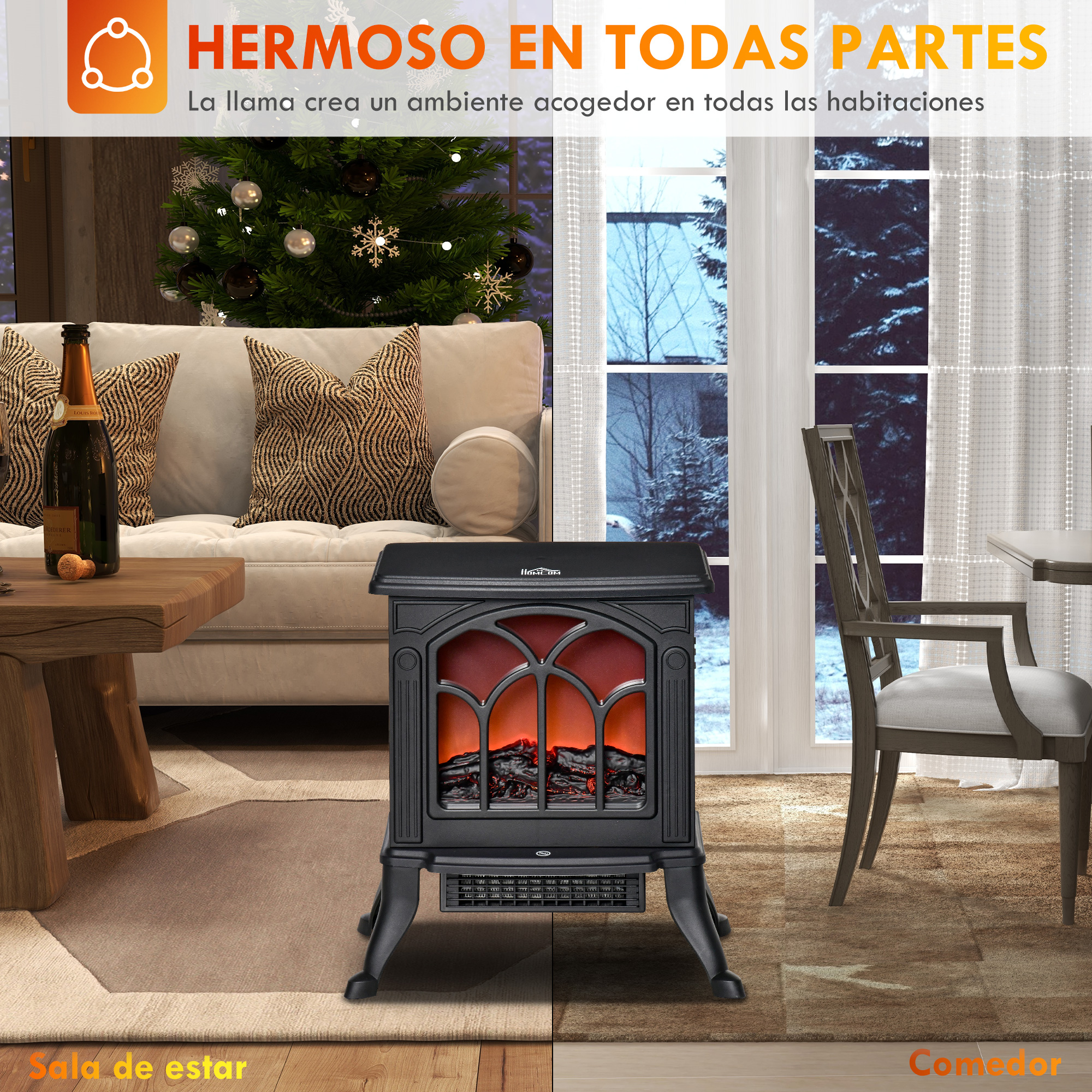 Una habitación con chimenea, árbol de Navidad y comedor. La chimenea tiene un interior rojo brillante. Una botella de champán está sobre una mesa.