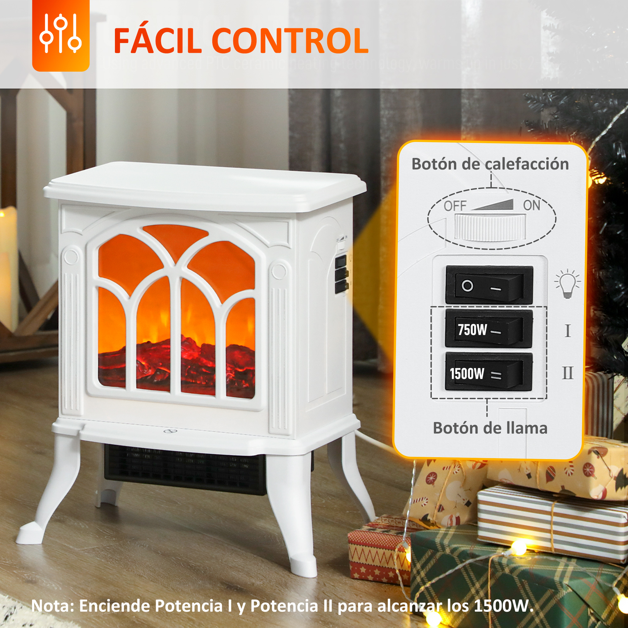 Una chimenea eléctrica blanca con efecto de llama. Tiene botones de control de calor y llama, y está rodeada de regalos.