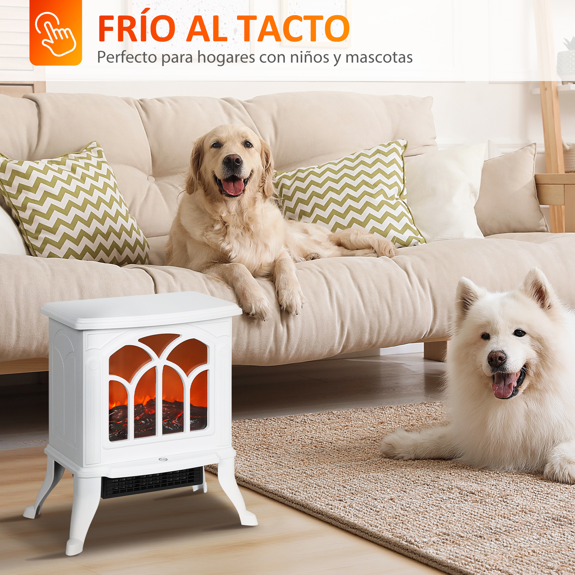 Una chimenea eléctrica blanca con dos perros, un golden retriever en un sofá y un samoyedo blanco en una alfombra.