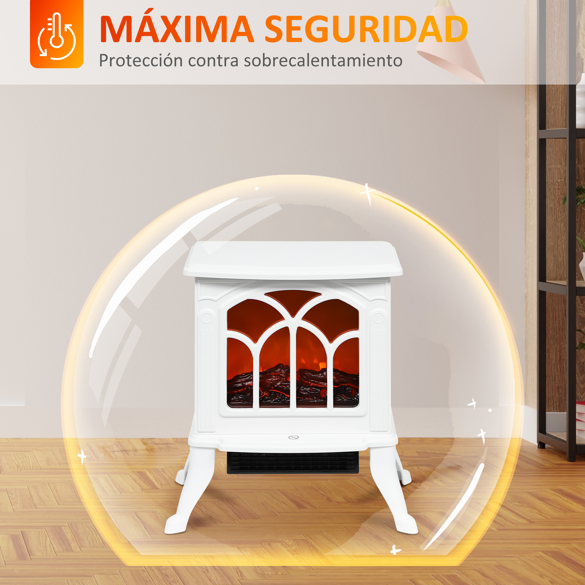 Chimenea eléctrica blanca con llamas naranjas. Texto de seguridad arriba. Luz en el suelo. Estantería de madera al fondo.