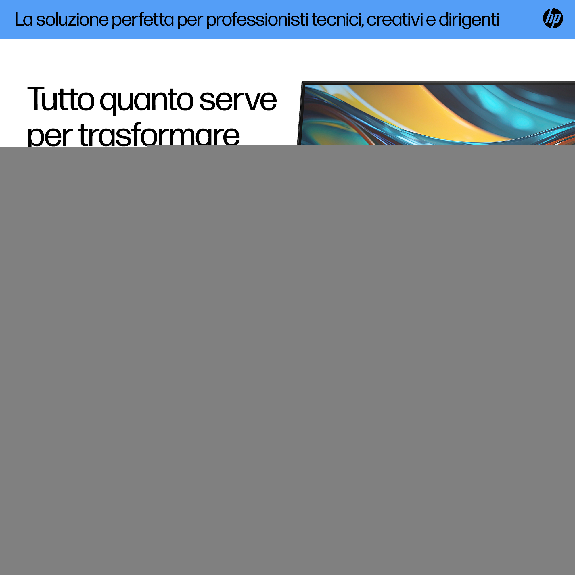 Obraz z tekstem i logo HP. Tekst brzmi: 'La soluzione perfetta per professionisti...Tutto quanto serve per trasformare'.