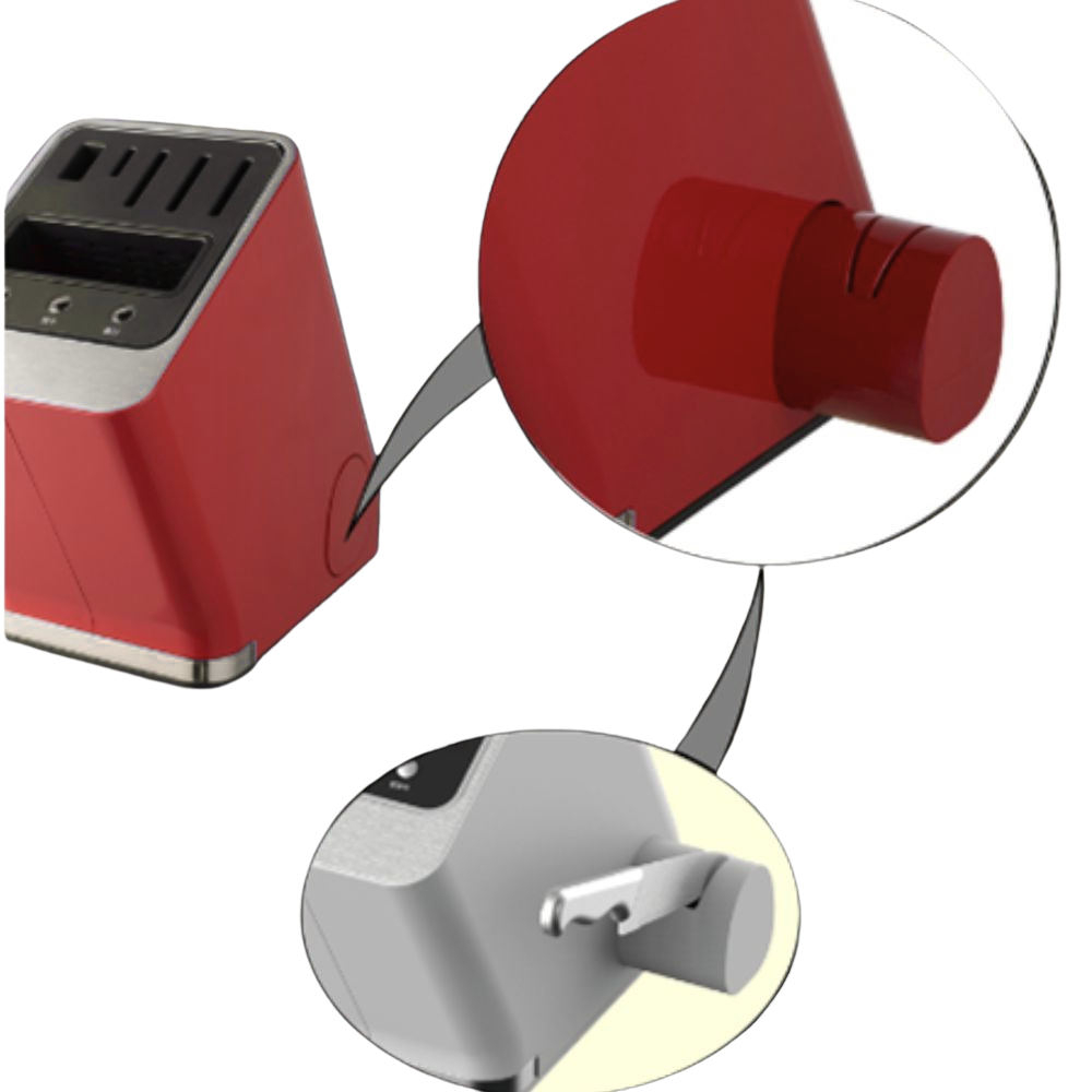Un bloque de cuchillos rojo con base plateada. Dos círculos ampliados muestran una perilla roja y un enchufe gris.