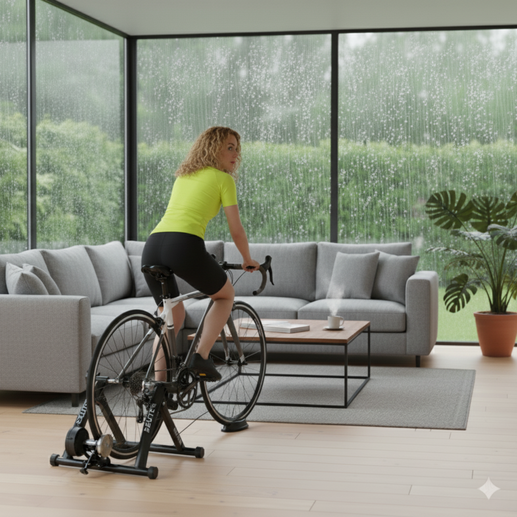 Mujer en un rodillo de bicicleta en interior. Lleva camisa amarilla, pantalón corto negro. Lluvia afuera. Sofá gris y mesa.