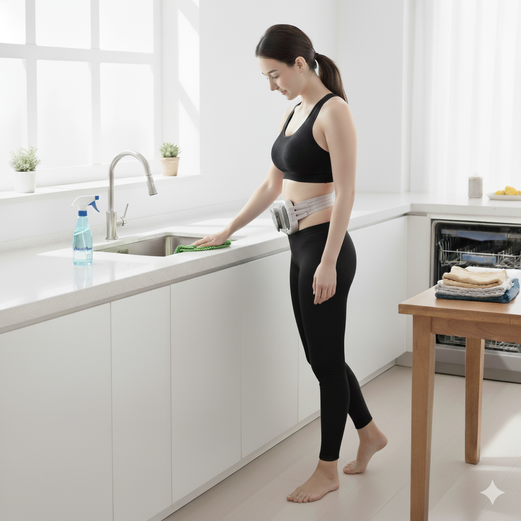 Una mujer en ropa deportiva negra limpia una encimera de cocina. Lleva un dispositivo en la cintura. Se ven un pulverizador y plantas.