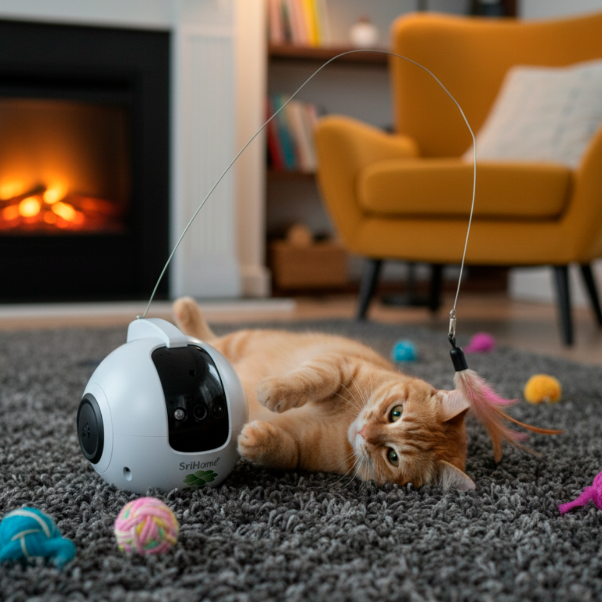 Un gato naranja yace en una alfombra gris, jugando con un juguete. Una bola robótica blanca está cerca. Una chimenea y una silla amarilla están al fondo.