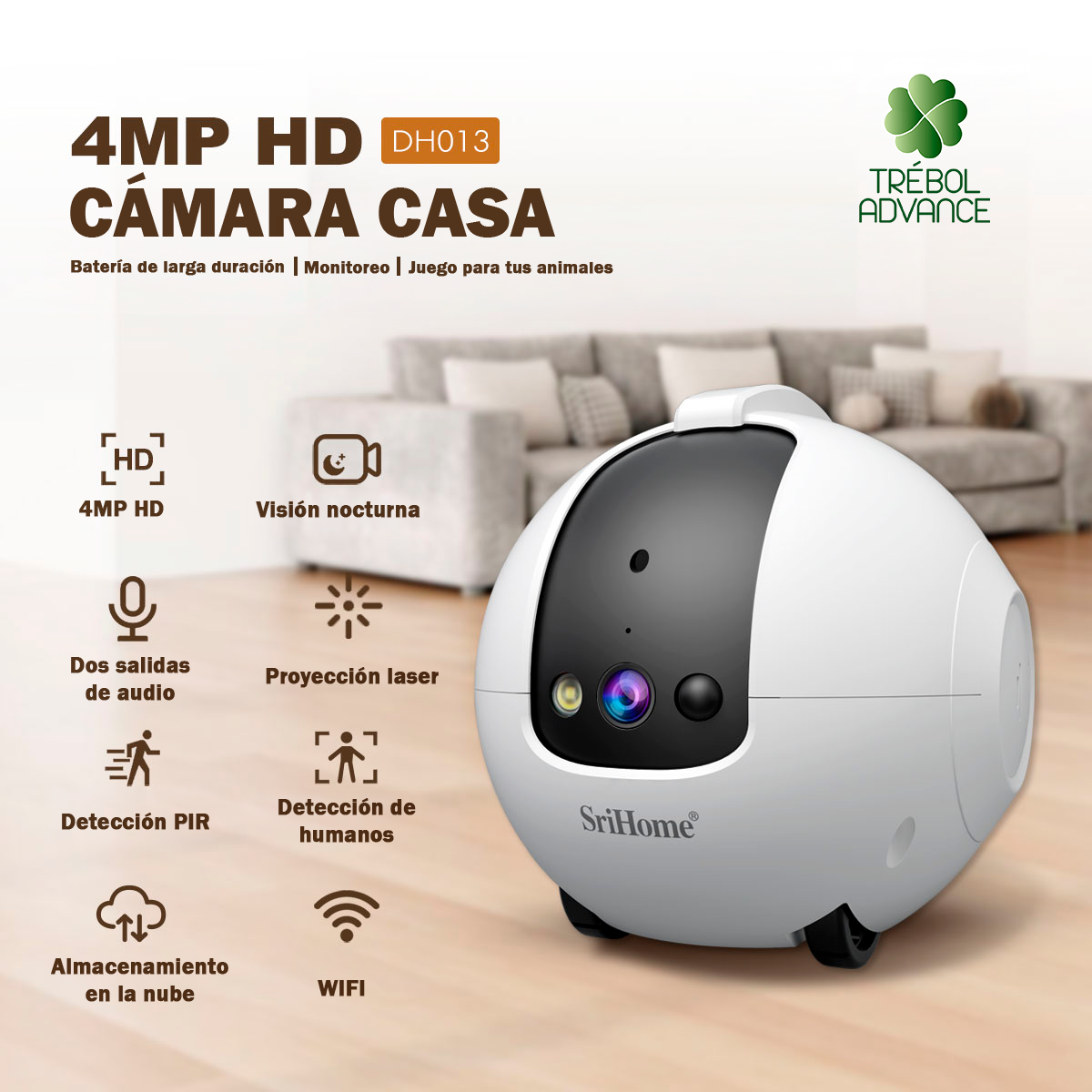 Cámara SriHome blanca y negra, 4MP HD, con funciones como visión nocturna, audio, proyección láser, detección PIR, almacenamiento en la nube y wifi.