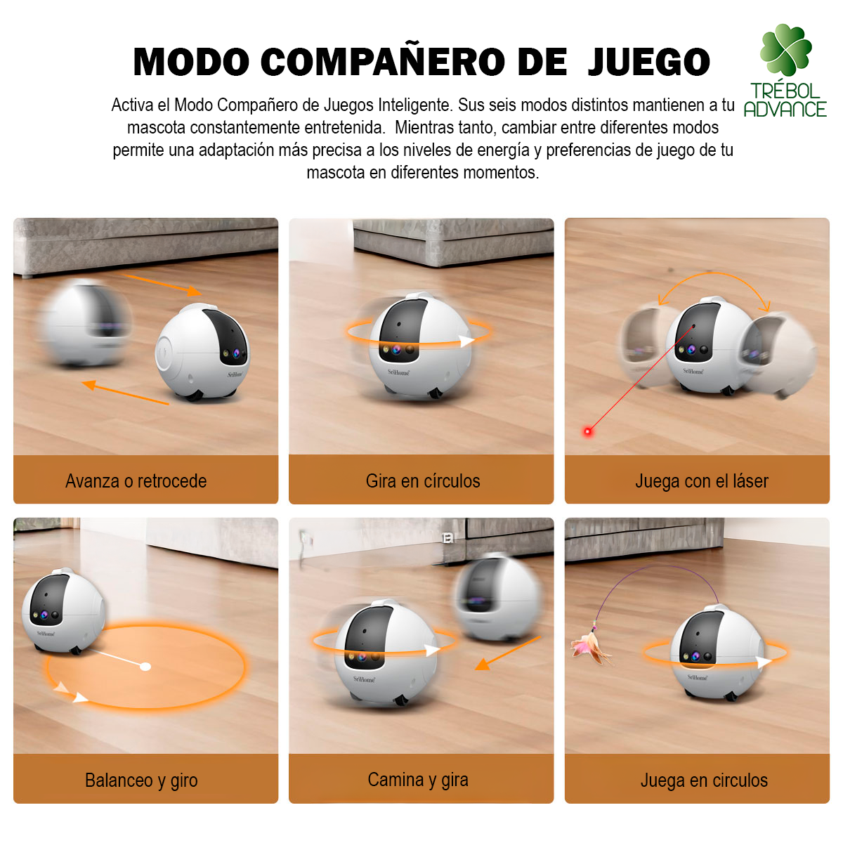 Un juguete robótico blanco y negro para mascotas. Presenta diferentes modos de juego como láser, círculos y caminar con flechas de movimiento.