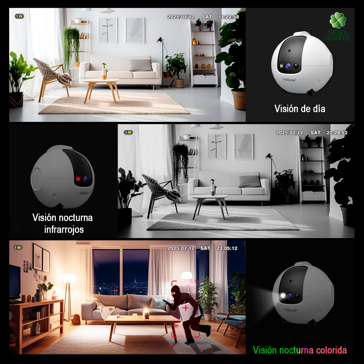 La imagen muestra una cámara de seguridad con vistas diurnas, infrarrojas y de visión nocturna en color de una sala de estar y un ladrón.