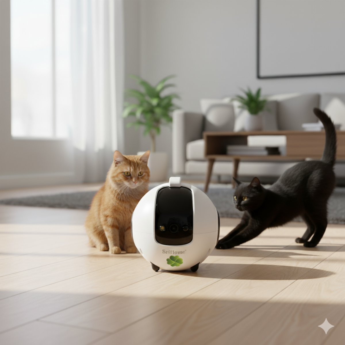 Dos gatos y un juguete robótico blanco. Un gato naranja se sienta mientras un gato negro se estira. Fondo de salón con plantas y muebles.