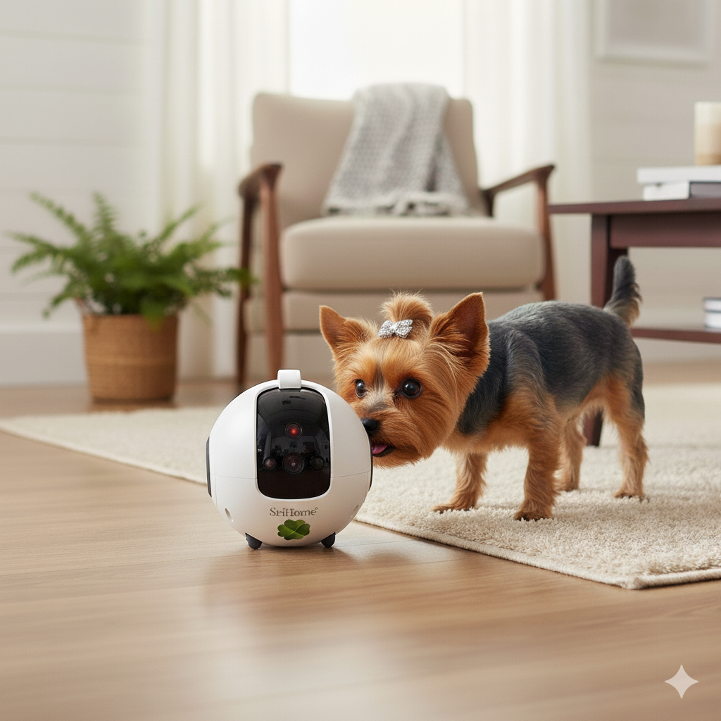 Un perro Yorkshire Terrier huele una cámara de seguridad blanca. El perro tiene un lazo. Una silla, una planta y una alfombra están en el fondo.