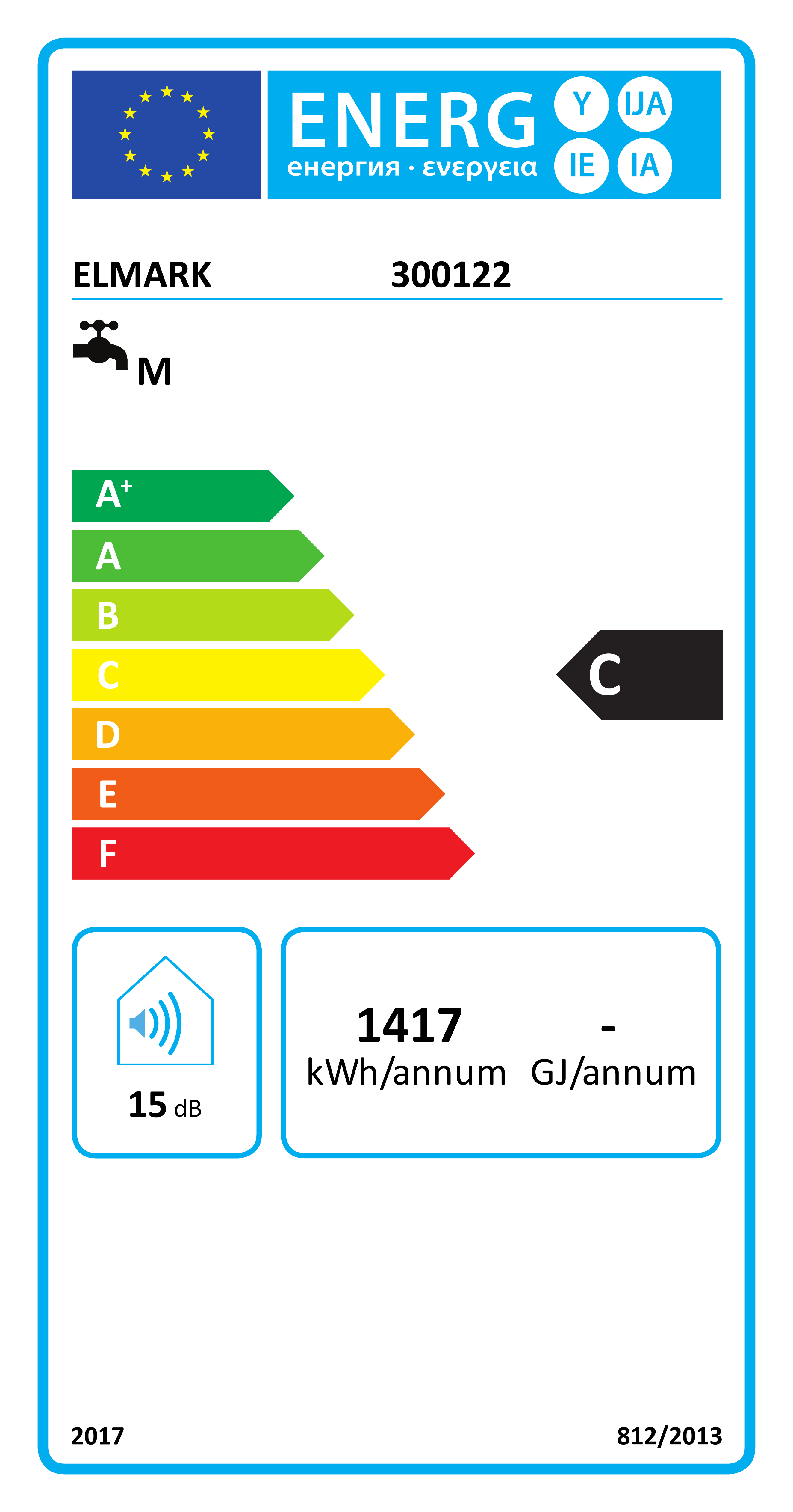 Etichetta energetica di un prodotto. Mostra l'efficienza energetica da A+ a F. Include il consumo energetico in kWh/anno.