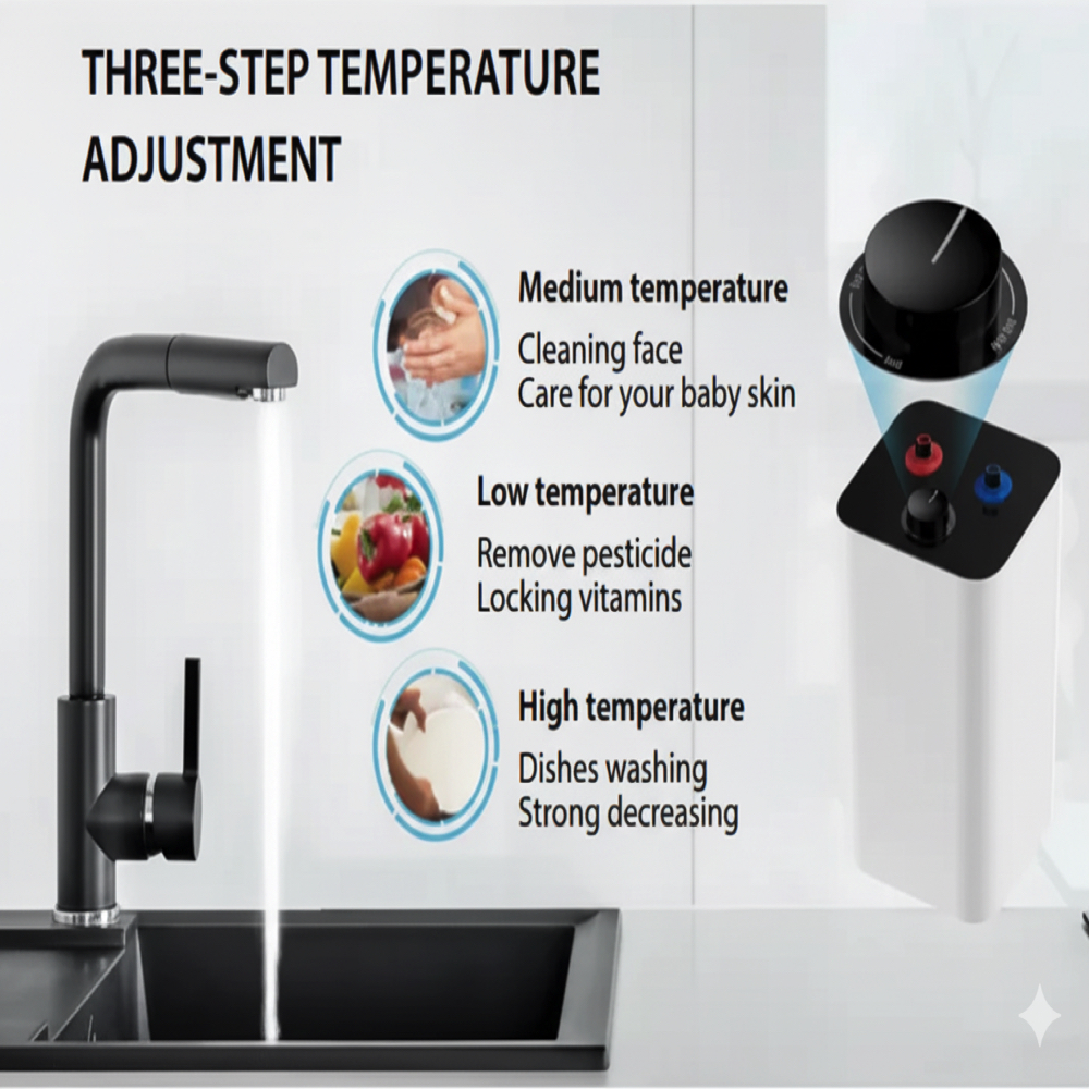 L'immagine mostra un rubinetto, un controllo della temperatura e descrizioni per temperature medie, basse e alte, tra cui pulizia, rimozione dei pesticidi e lavaggio dei piatti.