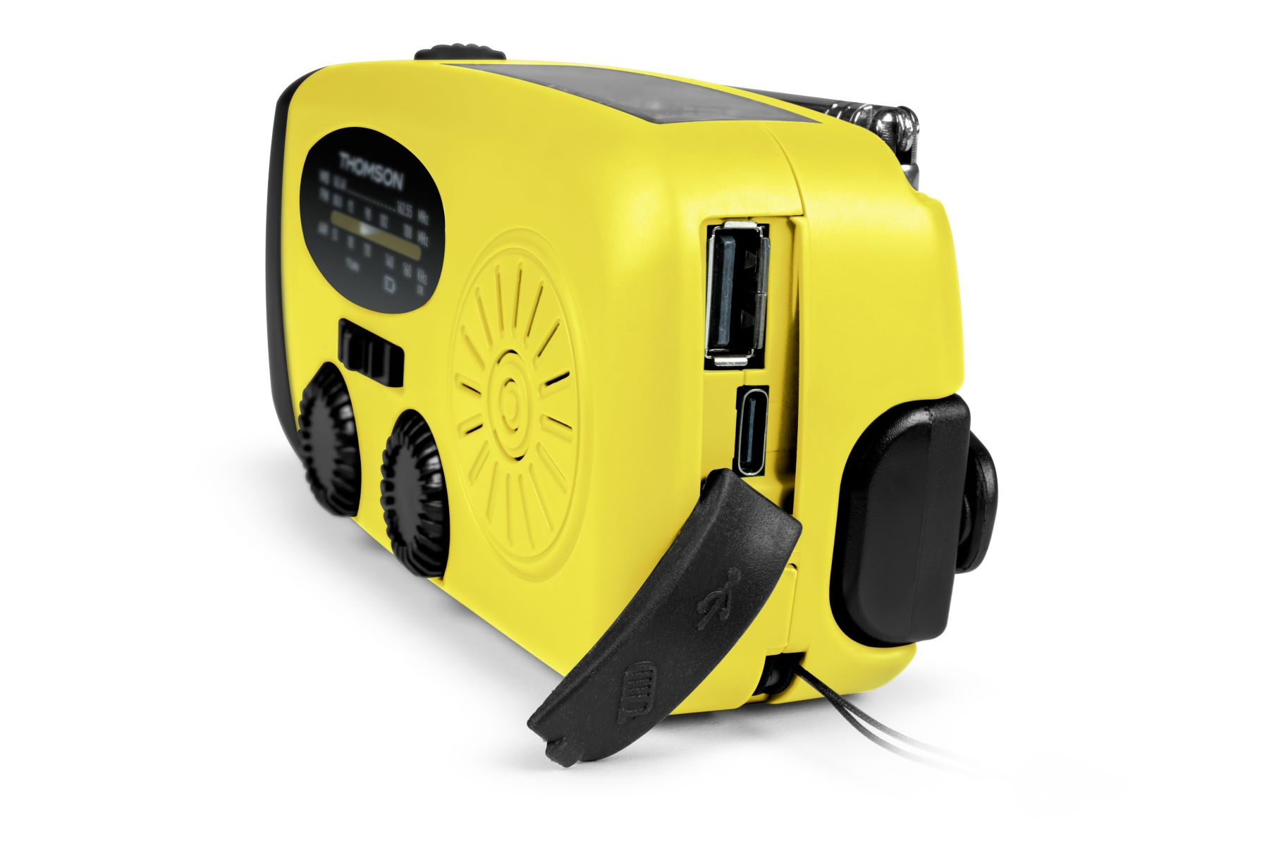Una radio Thomson amarilla con detalles negros. Tiene un puerto USB, un dial y un puerto de carga. El fondo es blanco.