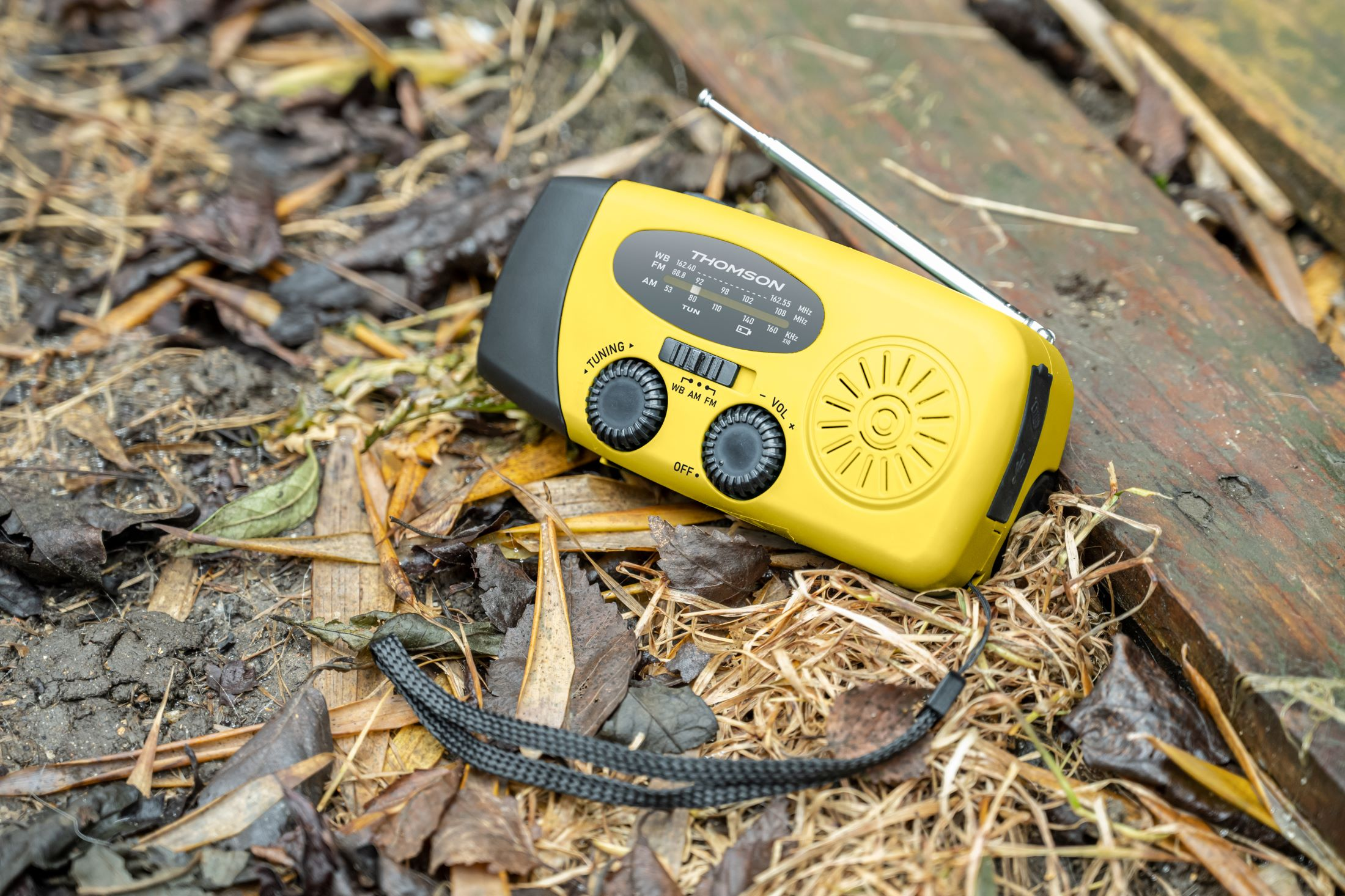 Una radio Thomson amarilla está sobre hojas y madera. Tiene un asa negra y una antena. Hojas y trozos de madera en el fondo.