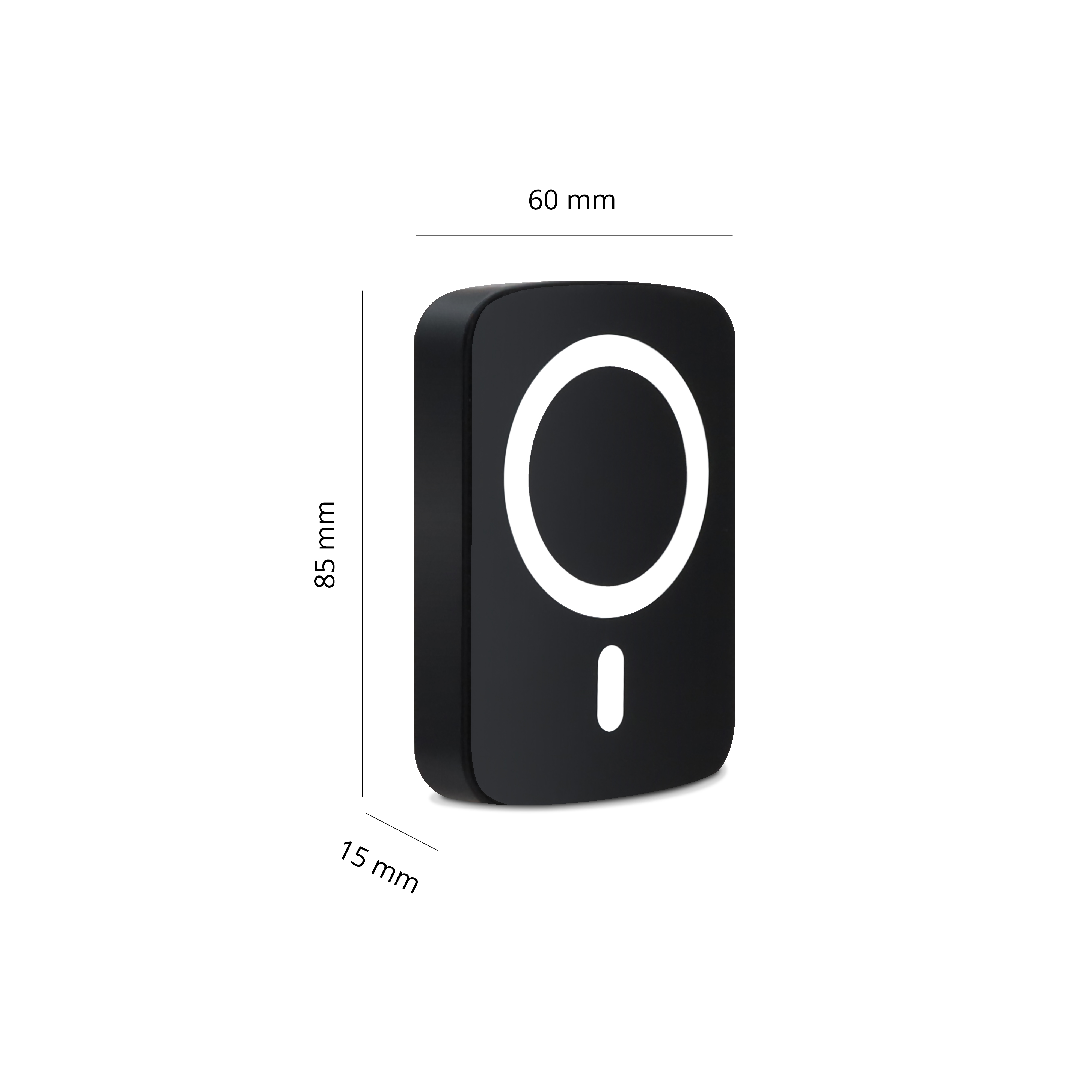 Un cargador inalámbrico negro con un anillo blanco y un símbolo de línea. Dimensiones: 85x60x15 mm.