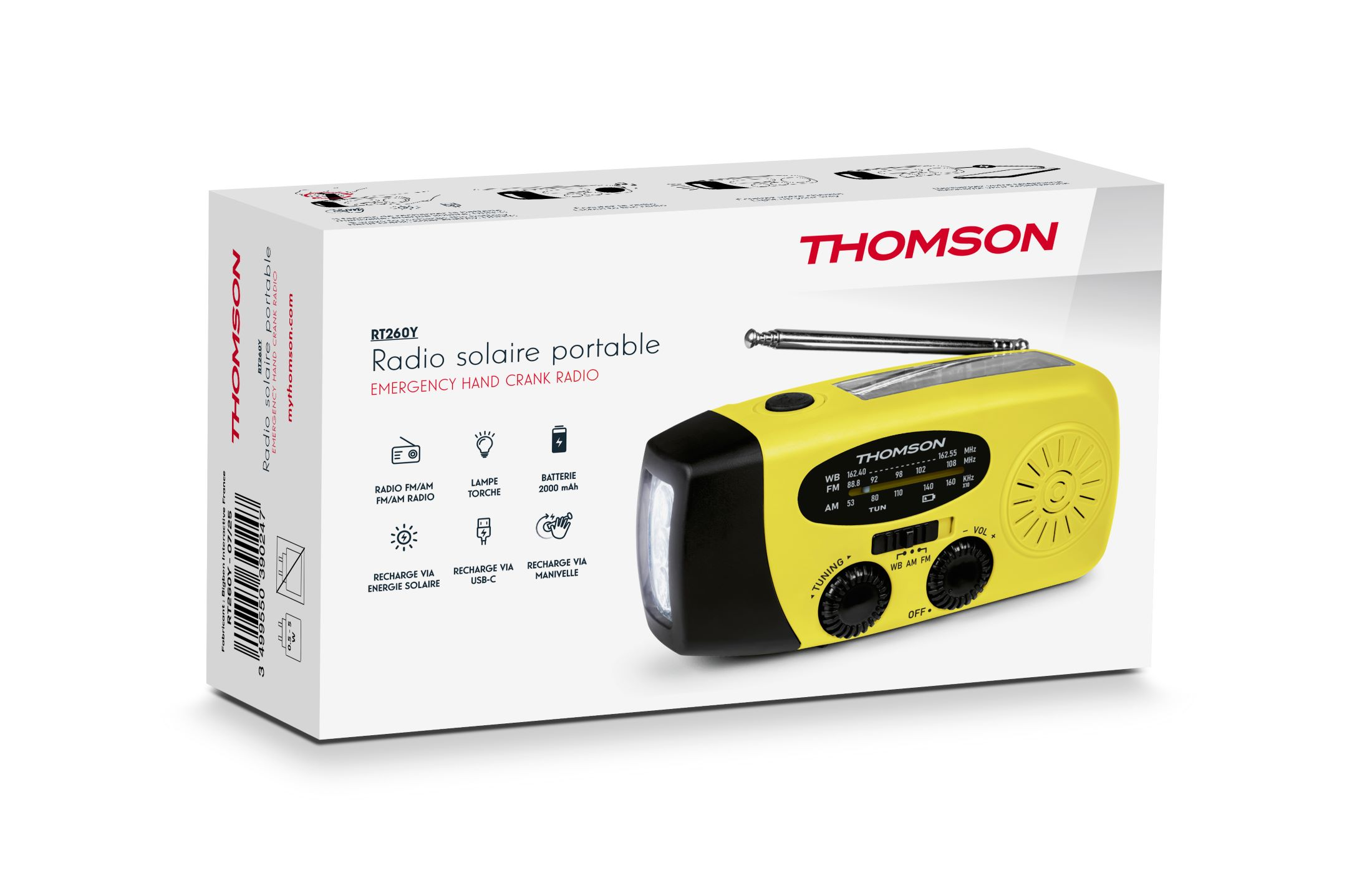 Una radio de emergencia Thomson amarilla y negra, en su caja. Cuenta con radio FM/AM, linterna, carga solar, manivela y carga USB-C.