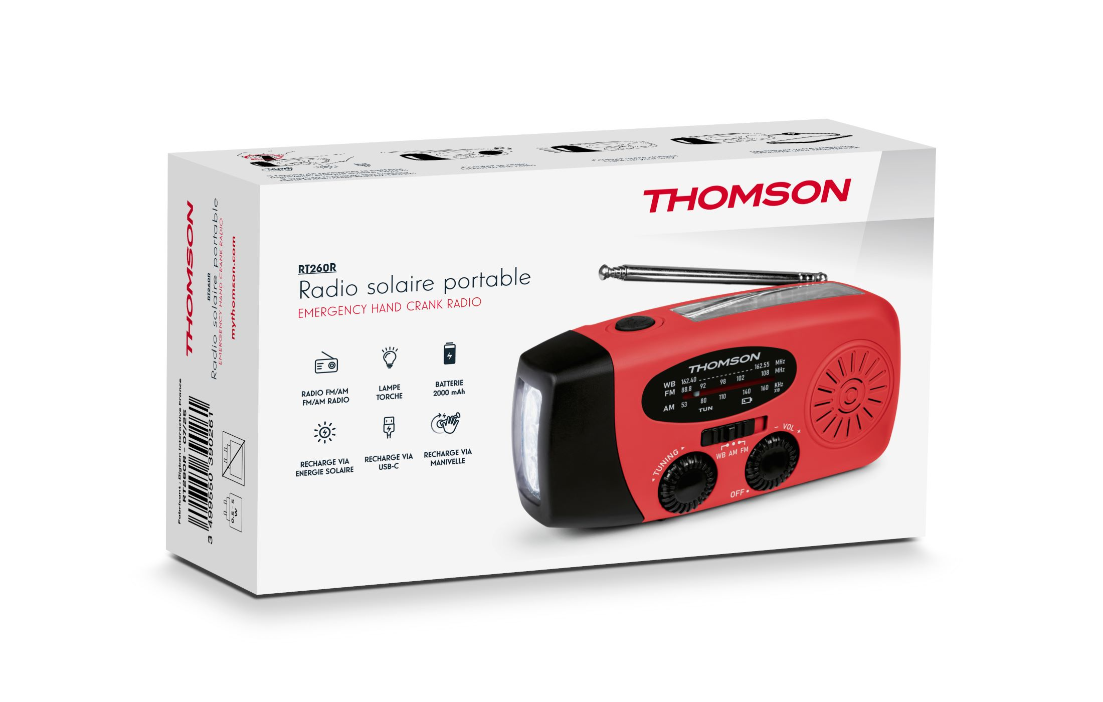 Radio Thomson rojo en una caja. Tiene linterna, manivela y capacidad de carga solar.