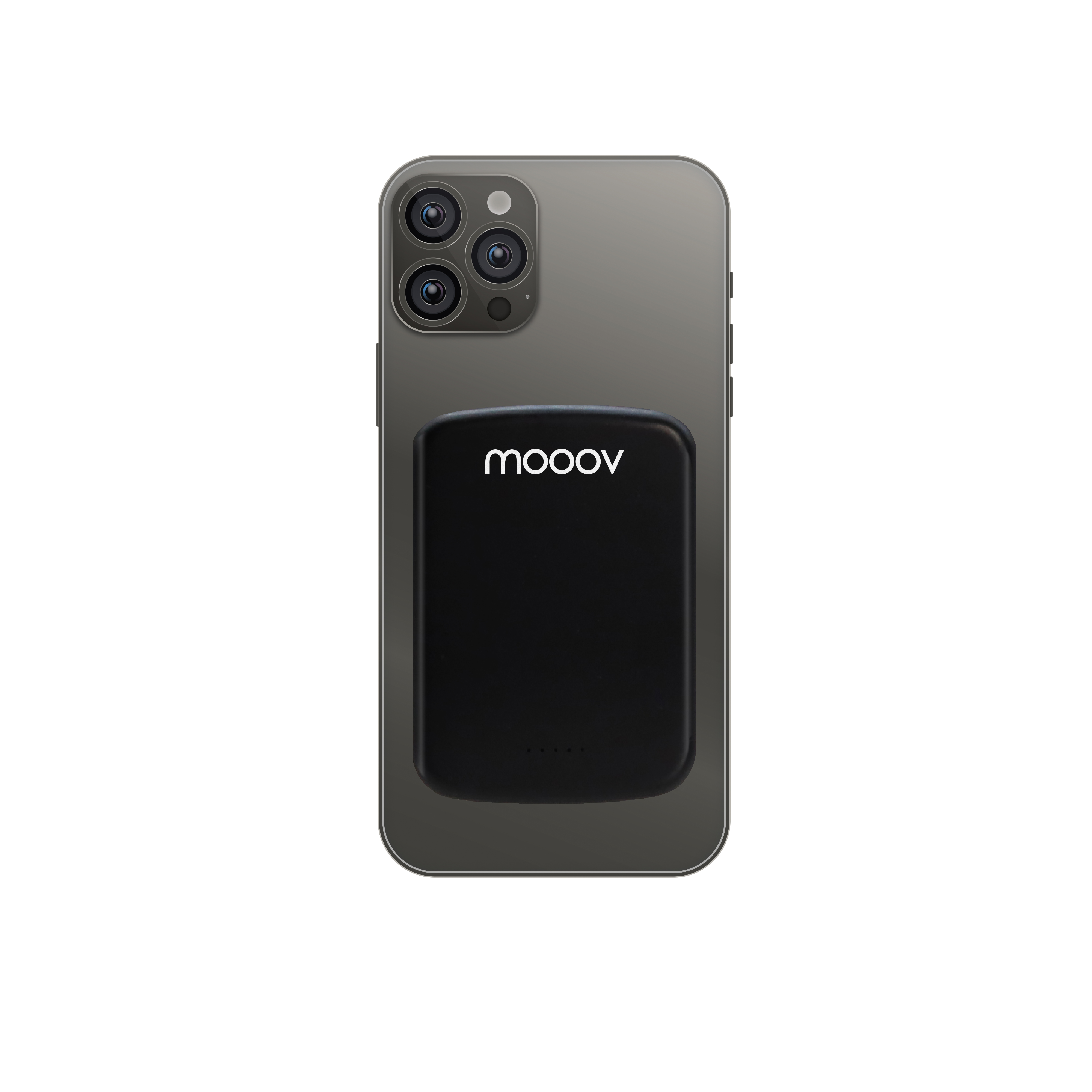 Un teléfono gris con un cargador magnético negro adjunto, con el logotipo 'mooov'.